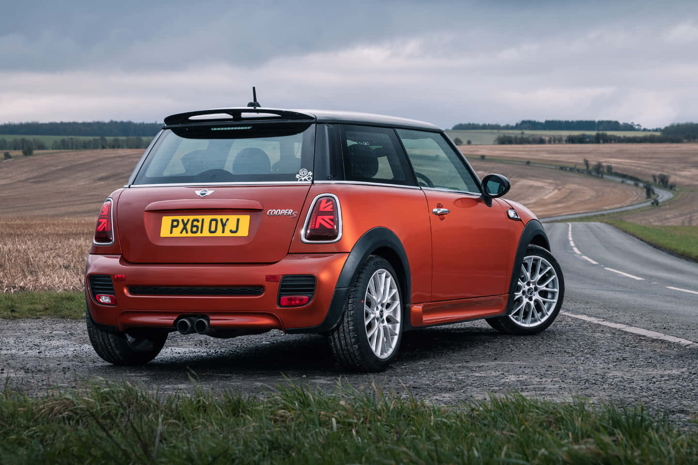 Mini Cooper S, vibrant orange, gravel roadside, HD Desktop Wallpaper