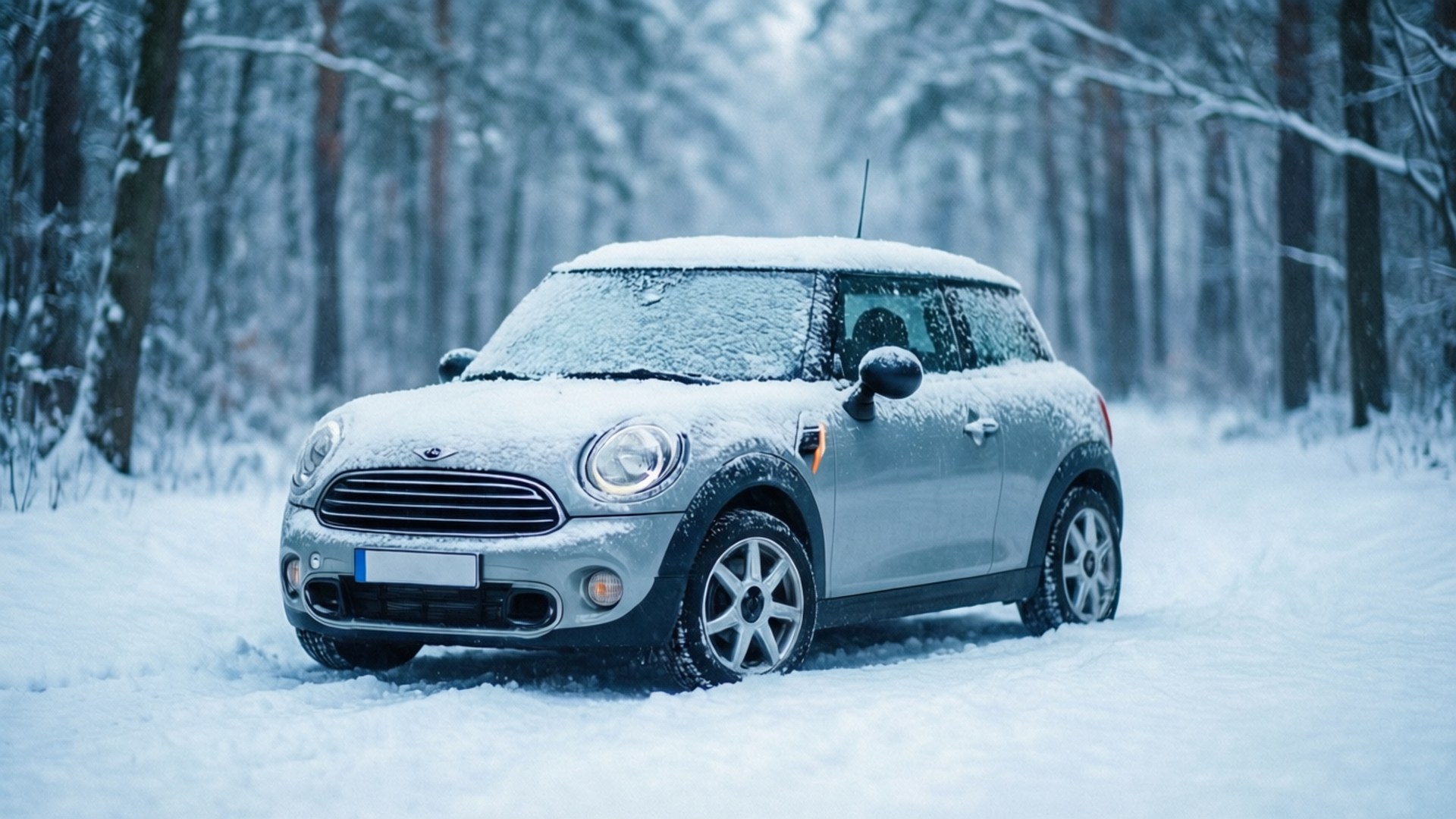 Mini Paceman, Winter White, snowy forest, Full HD Desktop Wallpaper