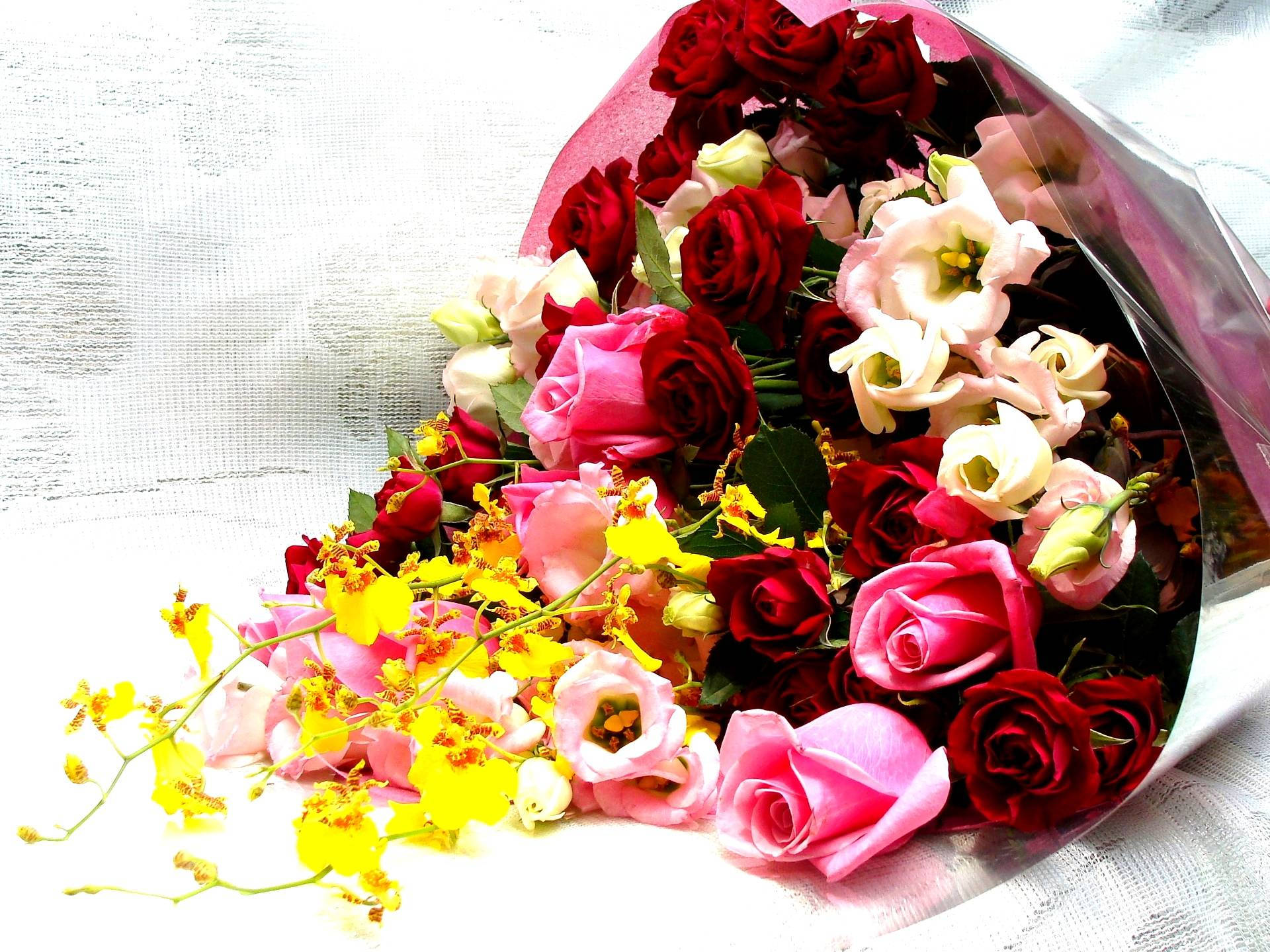 bouquet roses, yellow flowers, red pink and yellow flowers, Full HD Desktop Wallpaper