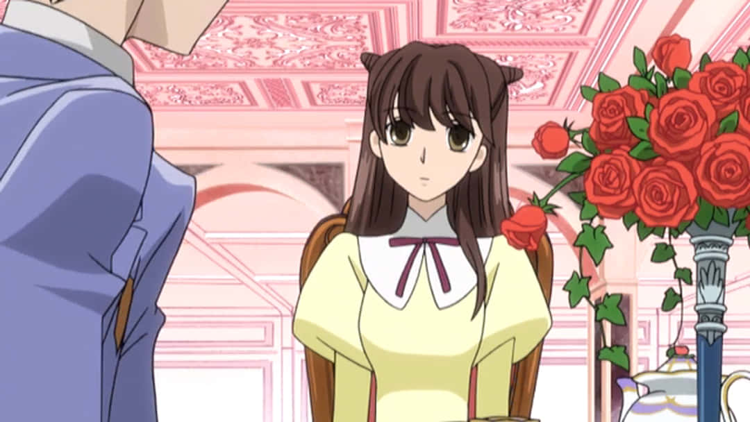 animated girl, yellow dress, red roses, SD Desktop Wallpaper