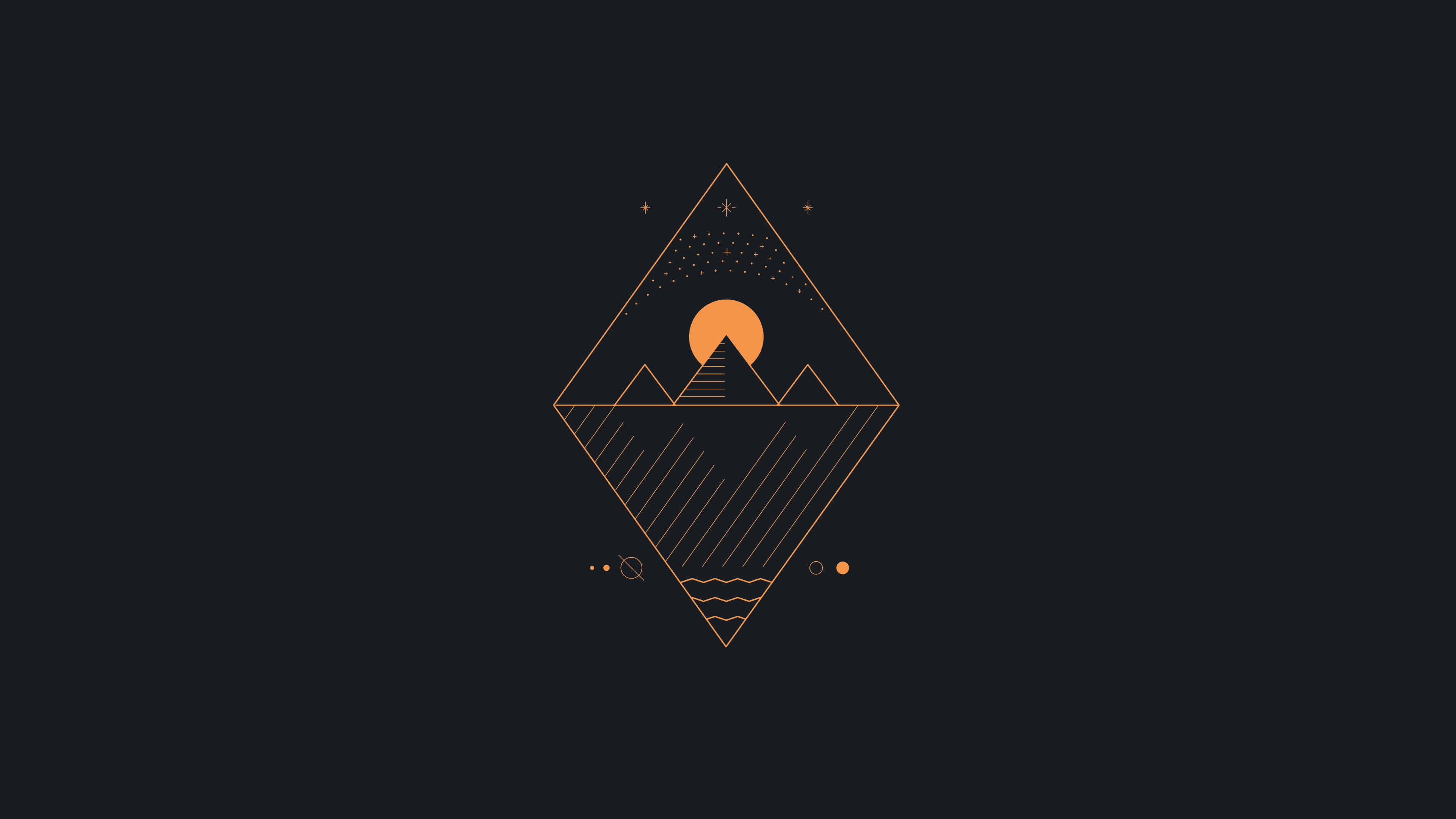 minimalist geometric diamond frame, stylized mountains, sun, 4K Desktop Wallpaper