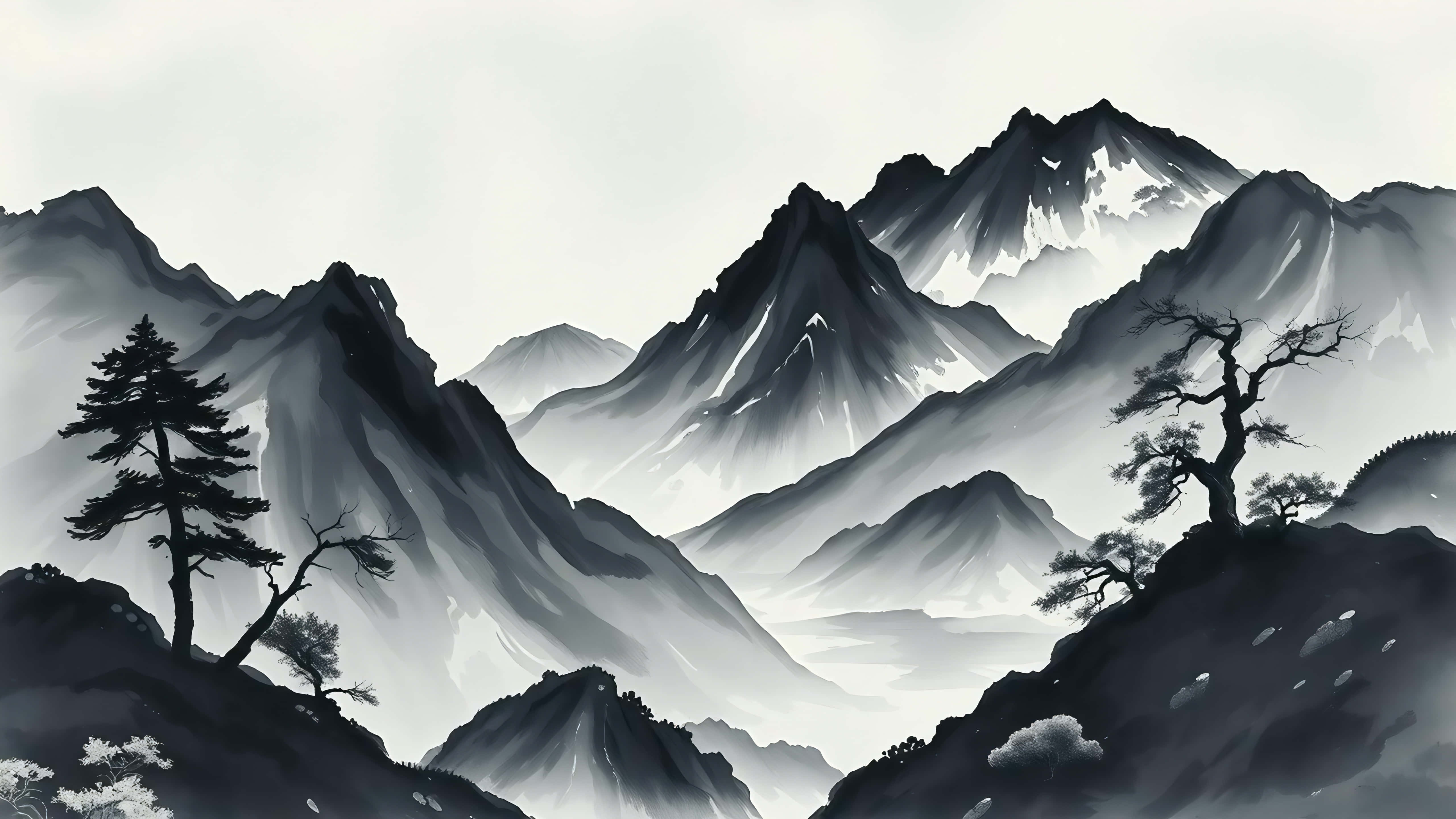 minimalist ink mountains landscape, monochrome ink wash painting, layered mountain peaks, 5K Desktop Wallpaper