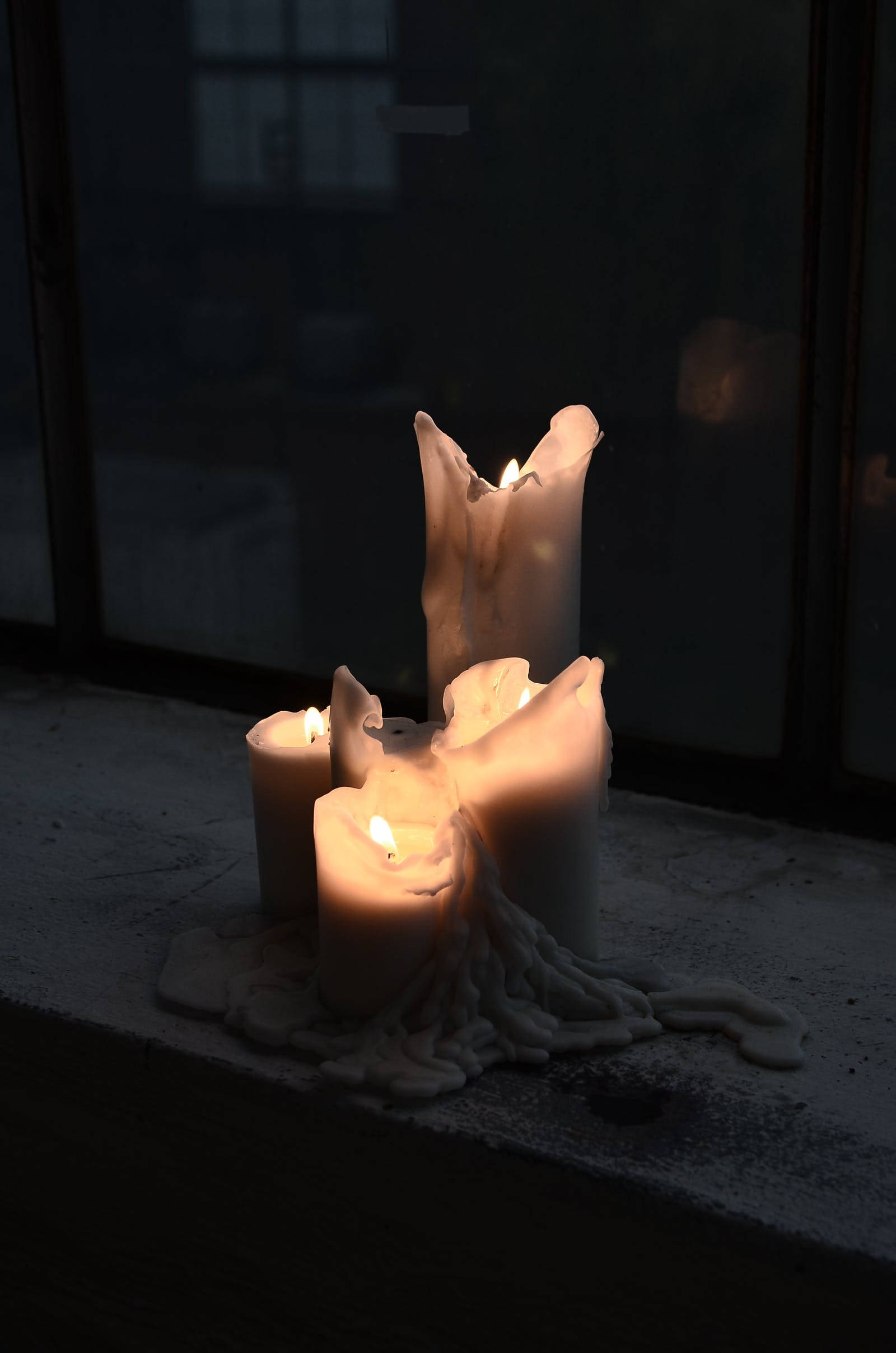 burning candles, windowsill, dark glass pane, Full HD Phone Wallpaper