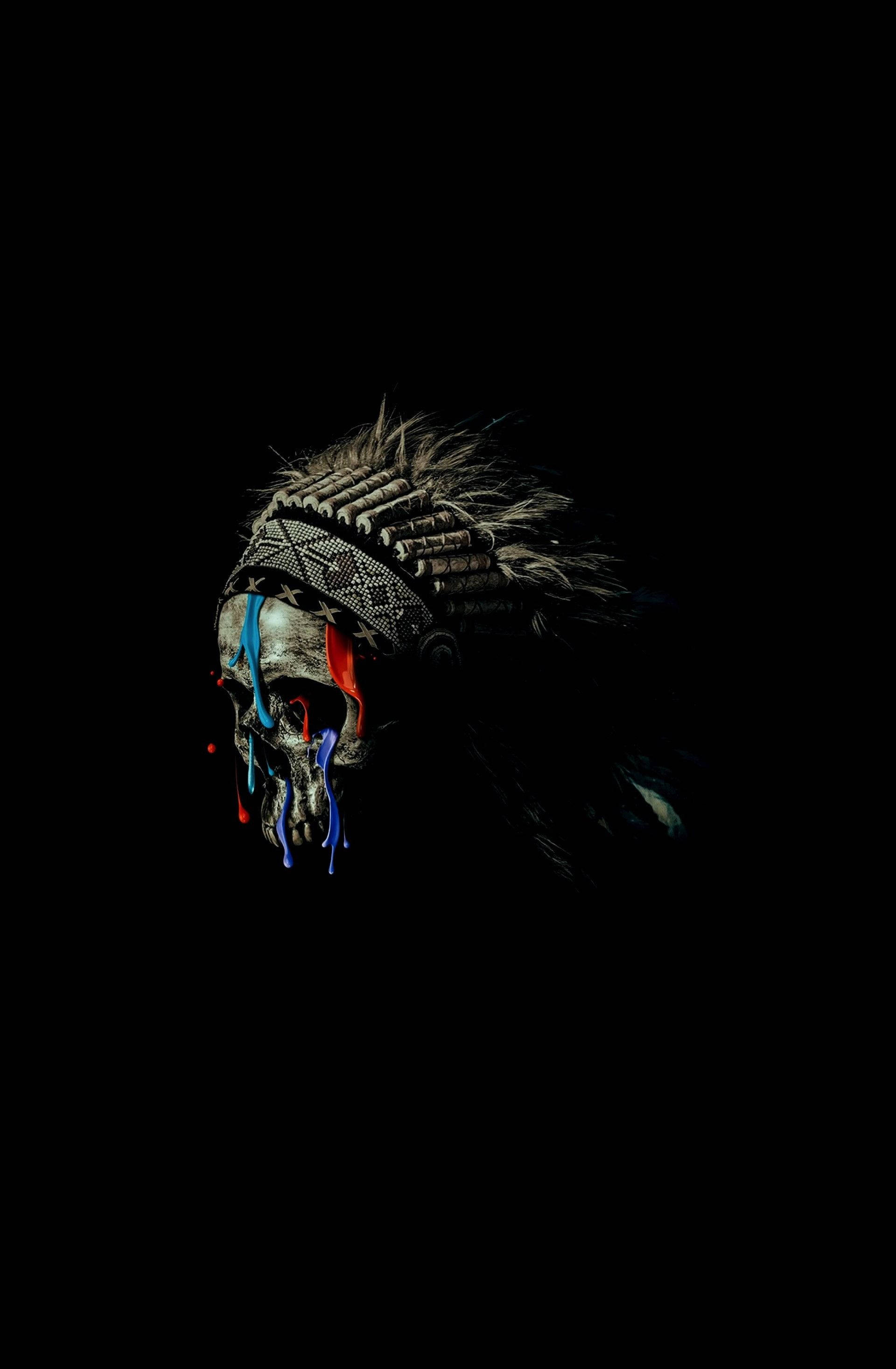 skull, feathered headdress, vibrant red and blue paint, 2K Phone Wallpaper