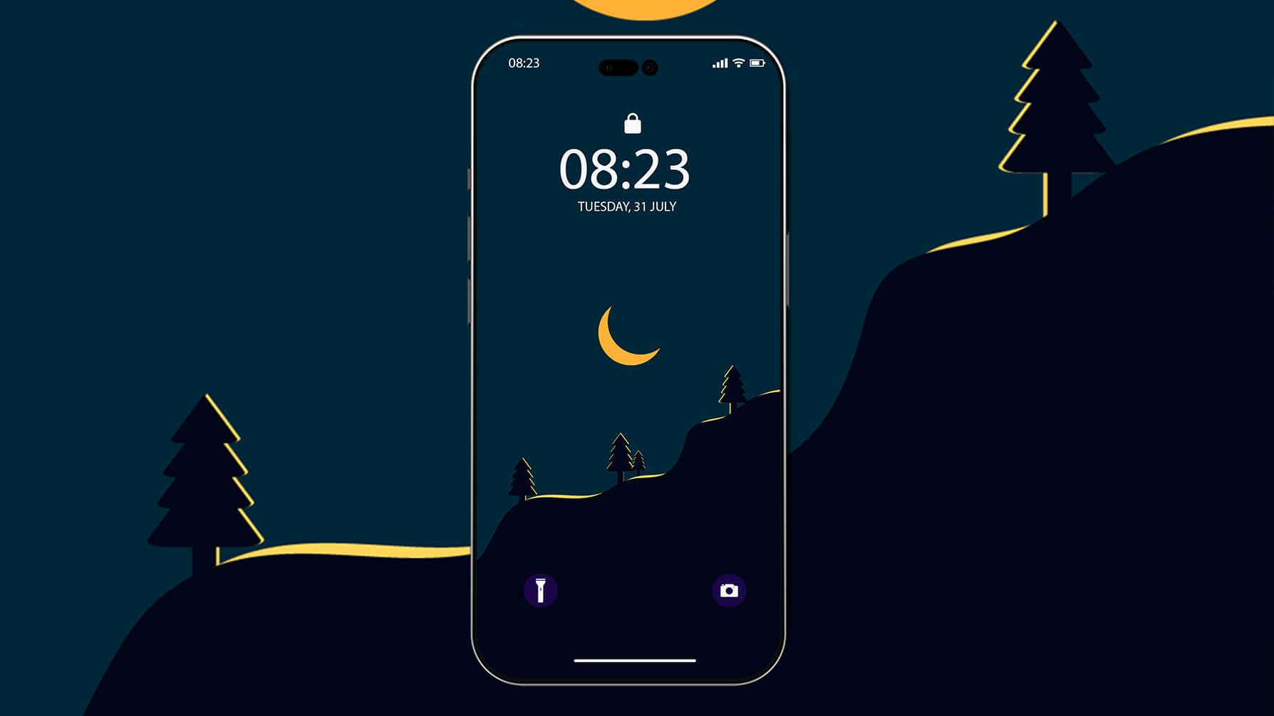 Minimal iPhone, crescent moon, pine trees, HD Desktop Wallpaper