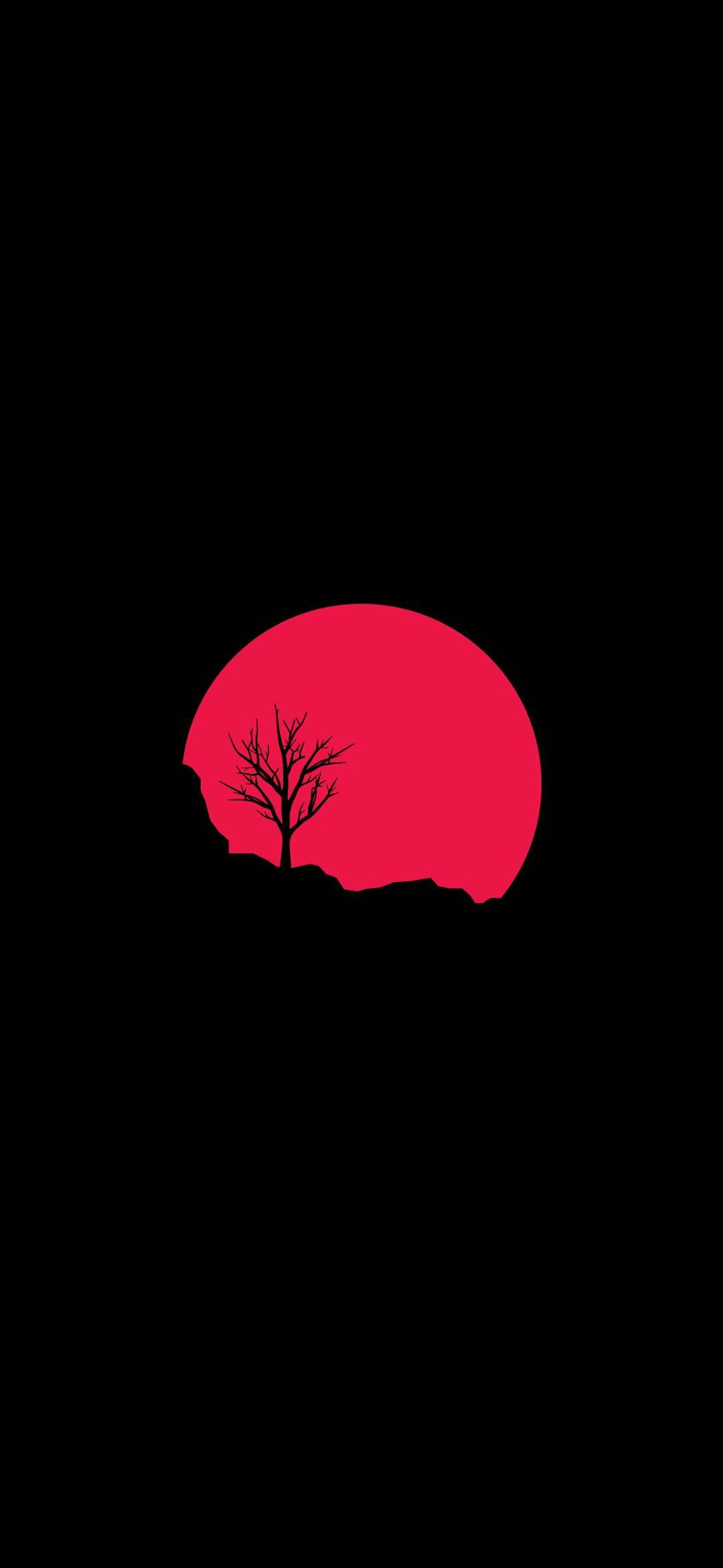 red sunset, bare tree, vivid red circular sun, Full HD Phone Wallpaper