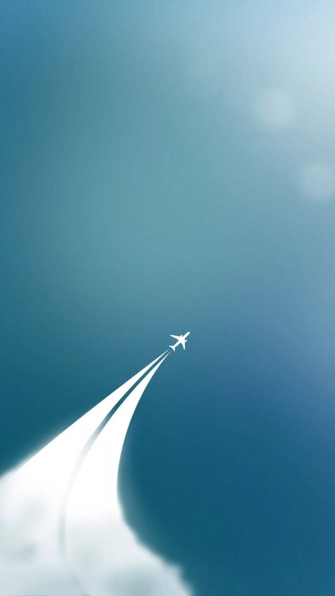 minimalist airplane, bright white contrail, vast gradient blue sky, Full HD Phone Wallpaper