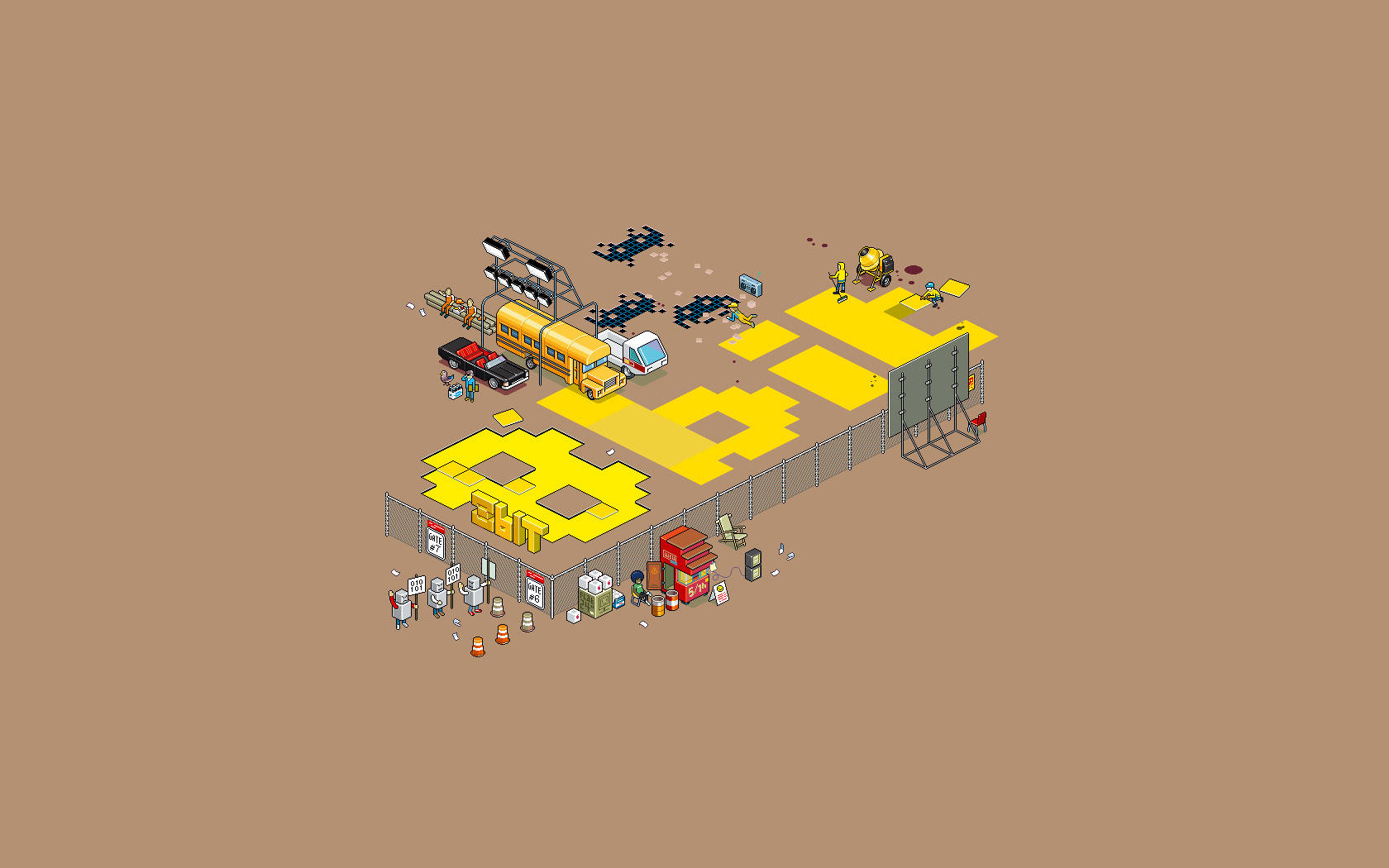 Minimal Pixel, isometric pixel-art, chaotic junkyard, HD Desktop Wallpaper