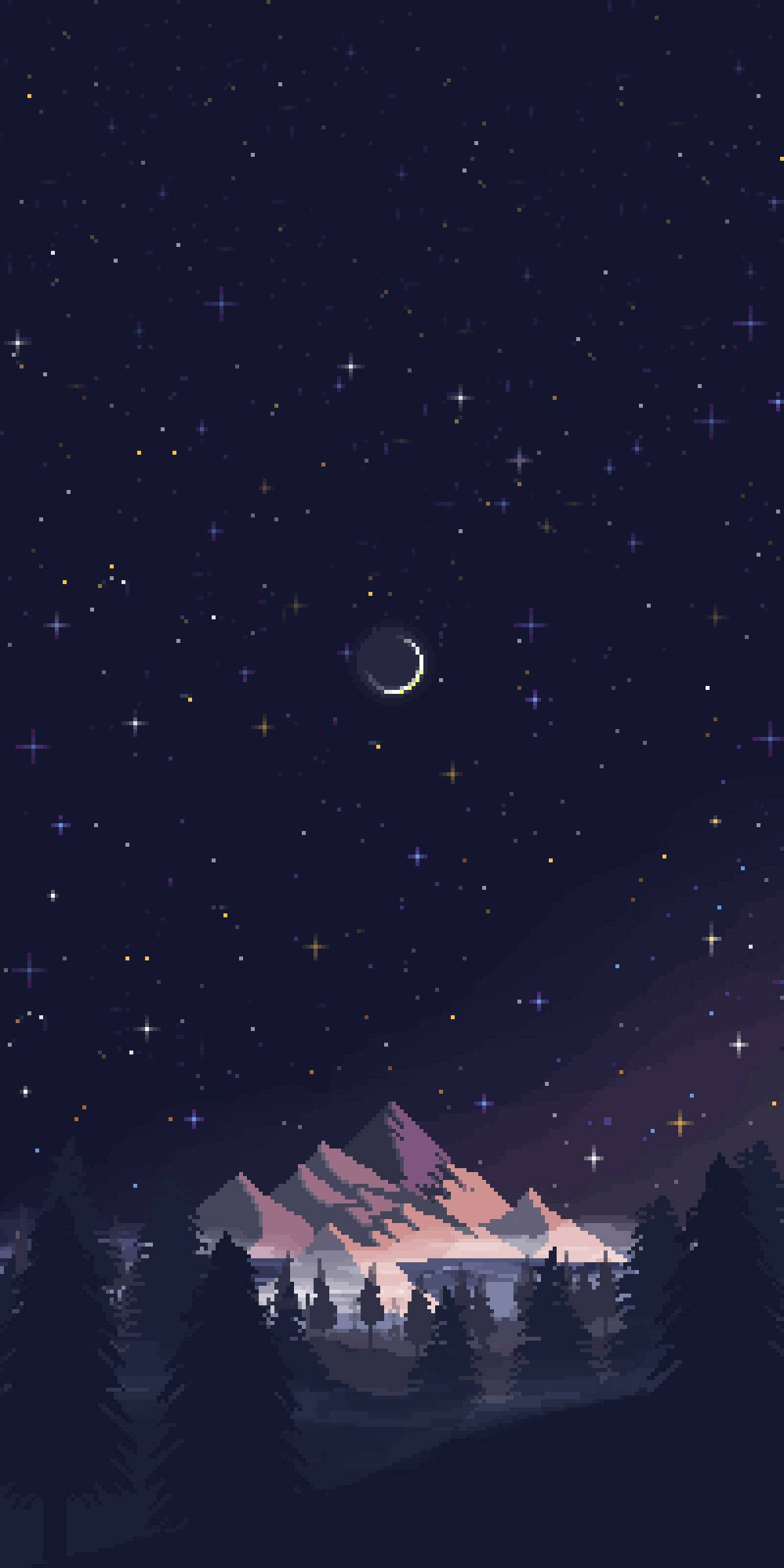 Night Minimal Pixel Art, crescent moon, stars, Full HD Phone Wallpaper