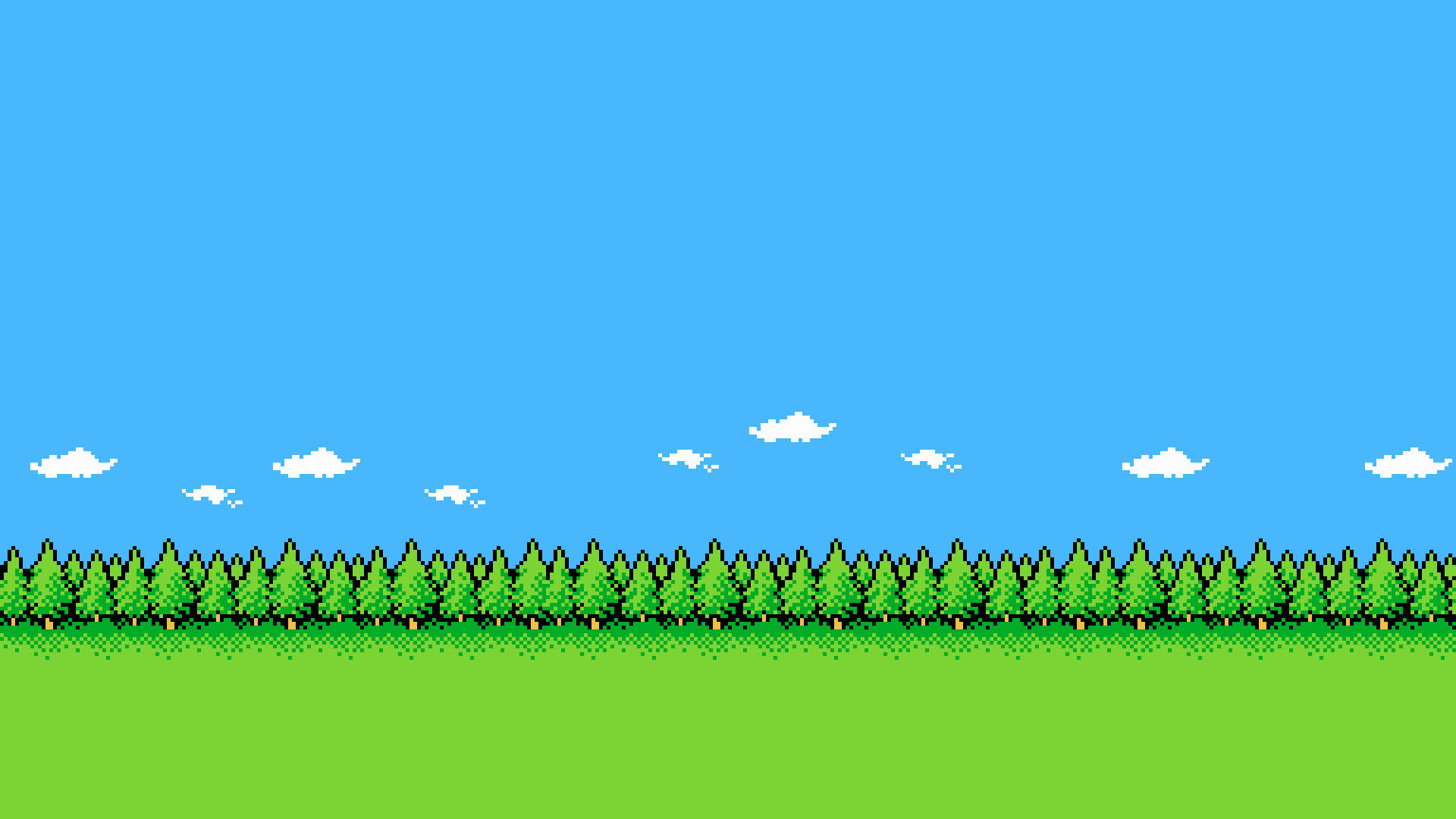 Minimal Pixel, green field, pine trees, Full HD Desktop Wallpaper