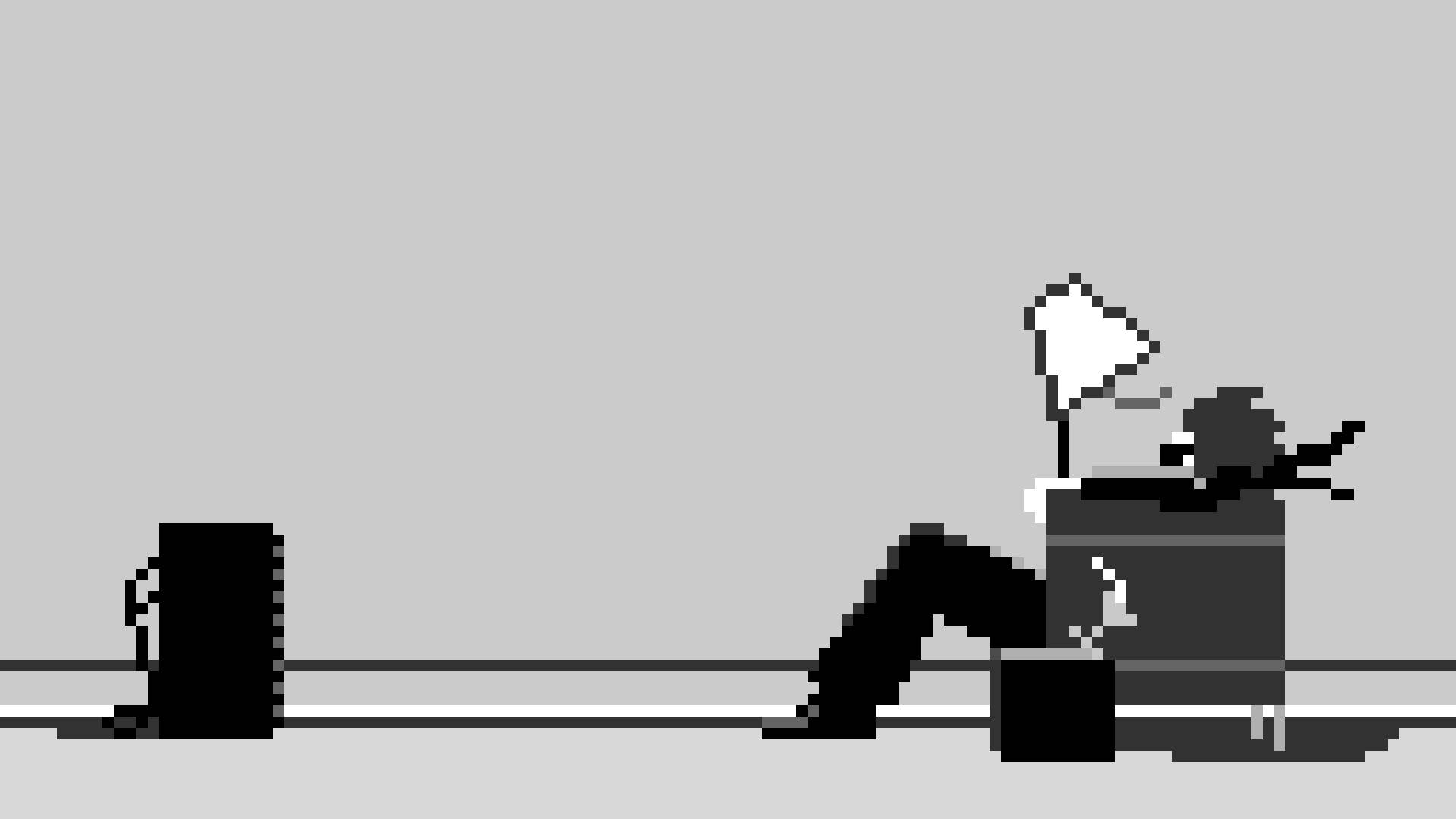 Pixel-art figure, chair, laptop, Full HD Desktop Wallpaper