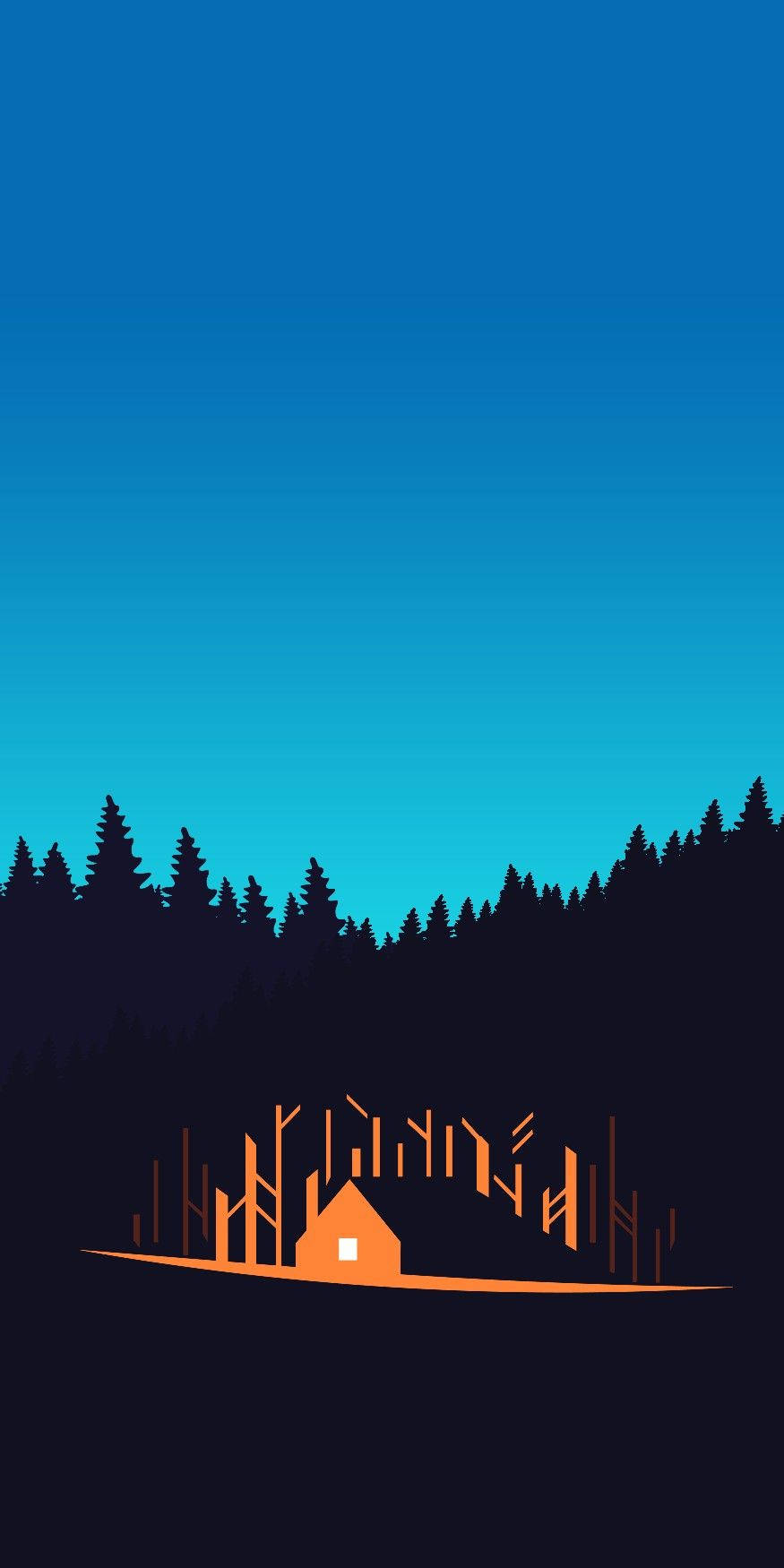 Minimal Pixel, orange cabin, dark pine trees, HD Phone Wallpaper