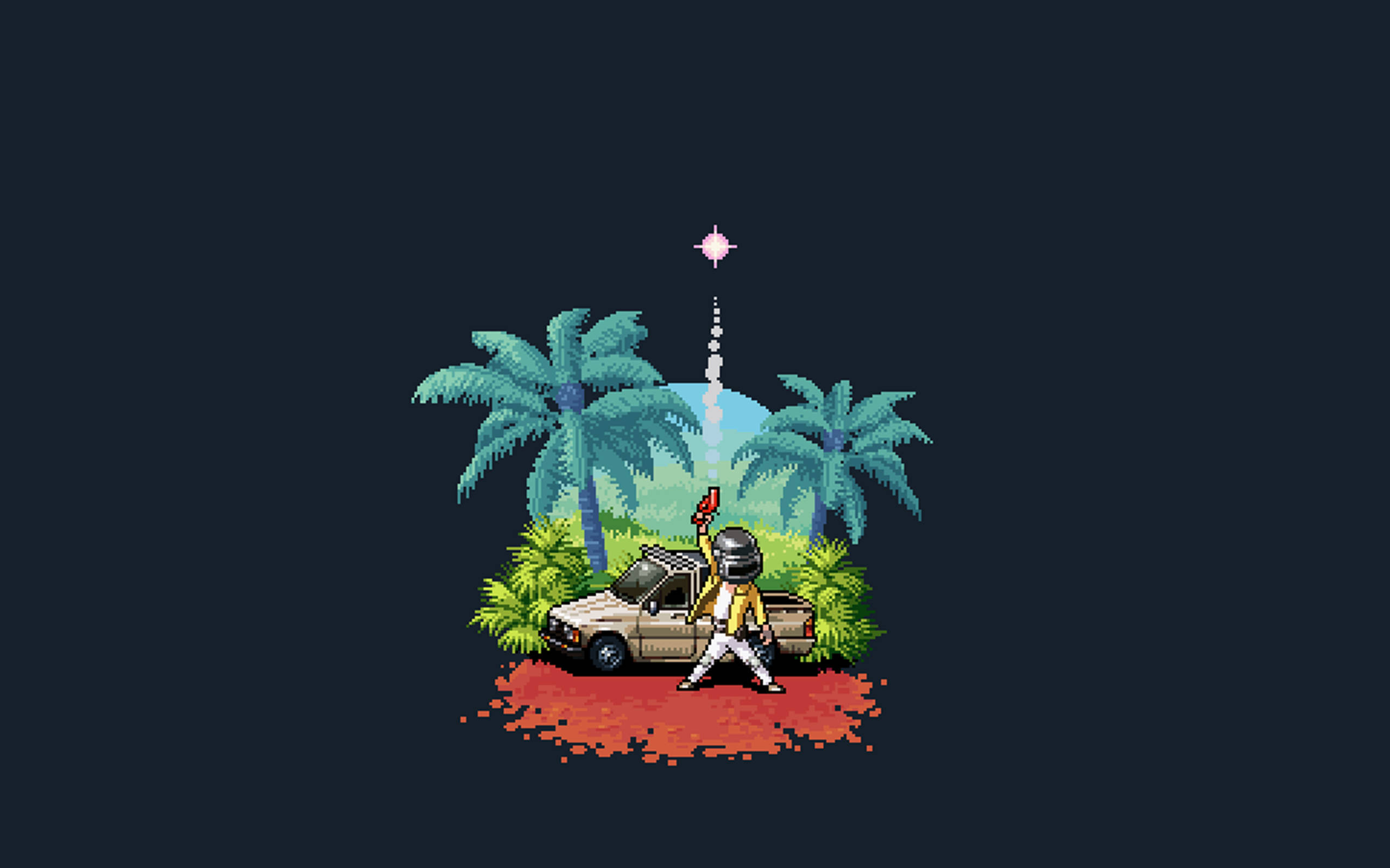 Minimal Pixel, helmeted figure, beige truck, 2K Desktop Wallpaper