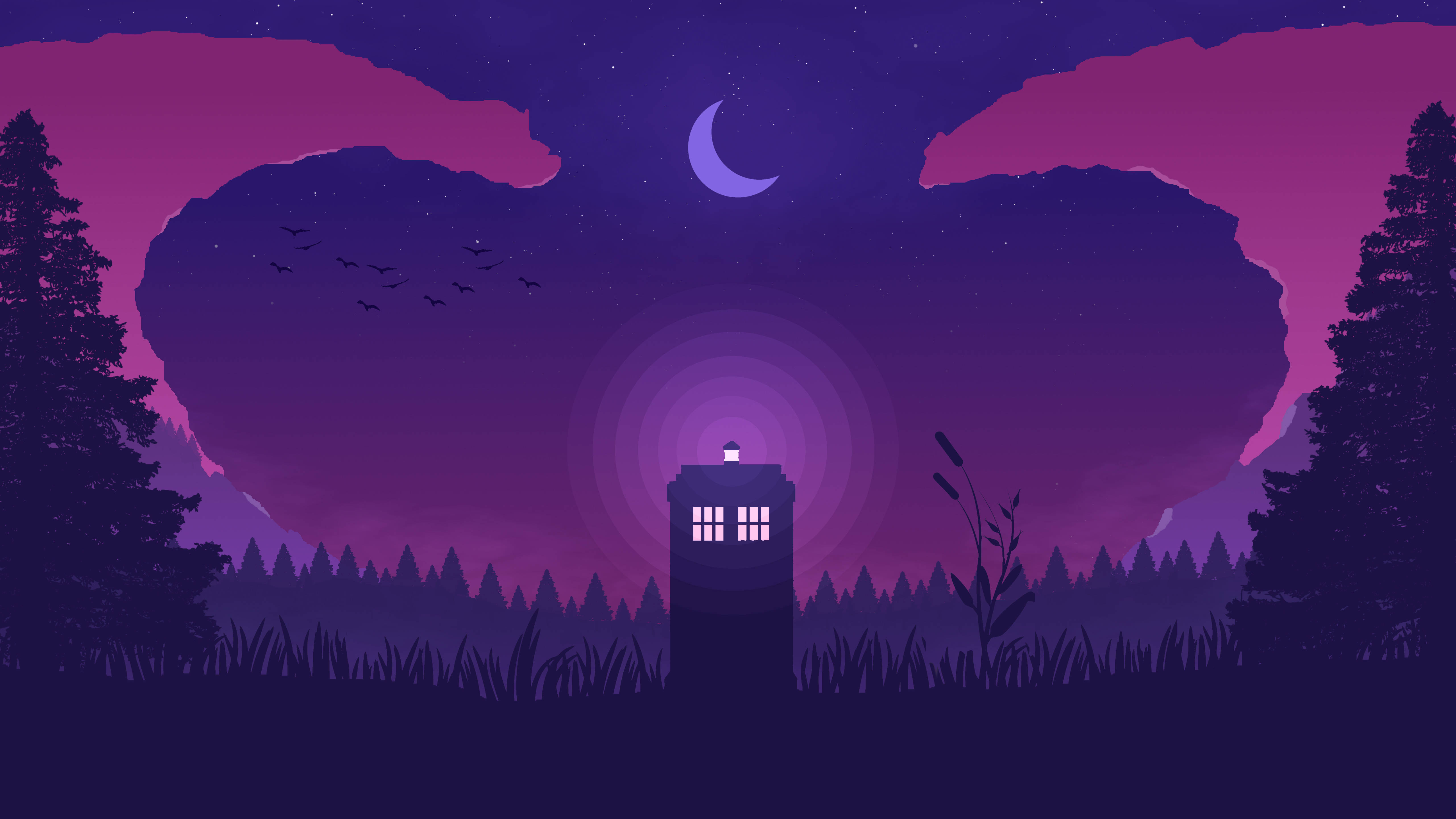 Minimal Pixel, glowing blue police box, dark forest, 5K Desktop Wallpaper