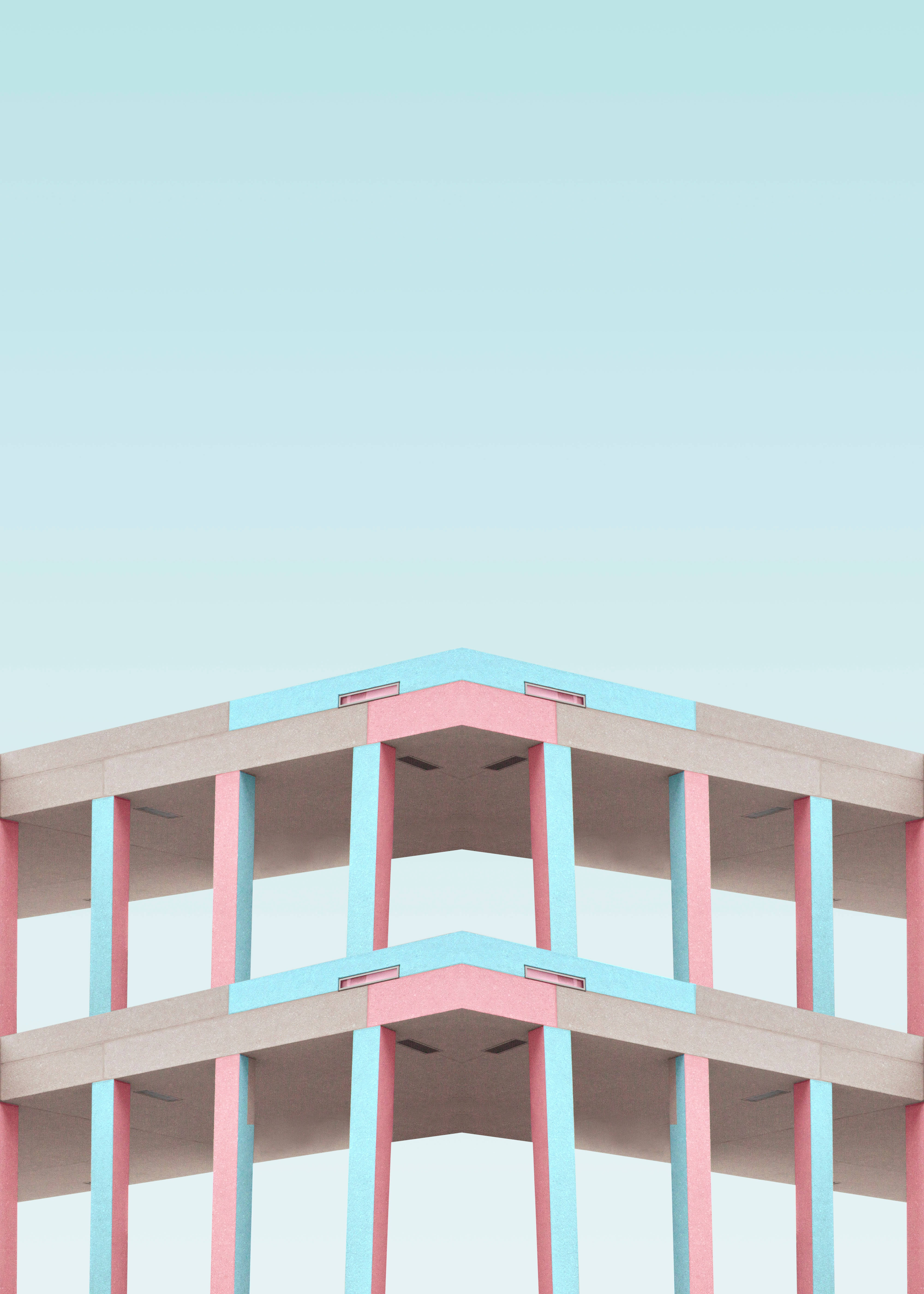 minimal blue and pink building architecture, minimalist geometric building, pink and cyan pillars, 5K Phone Wallpaper