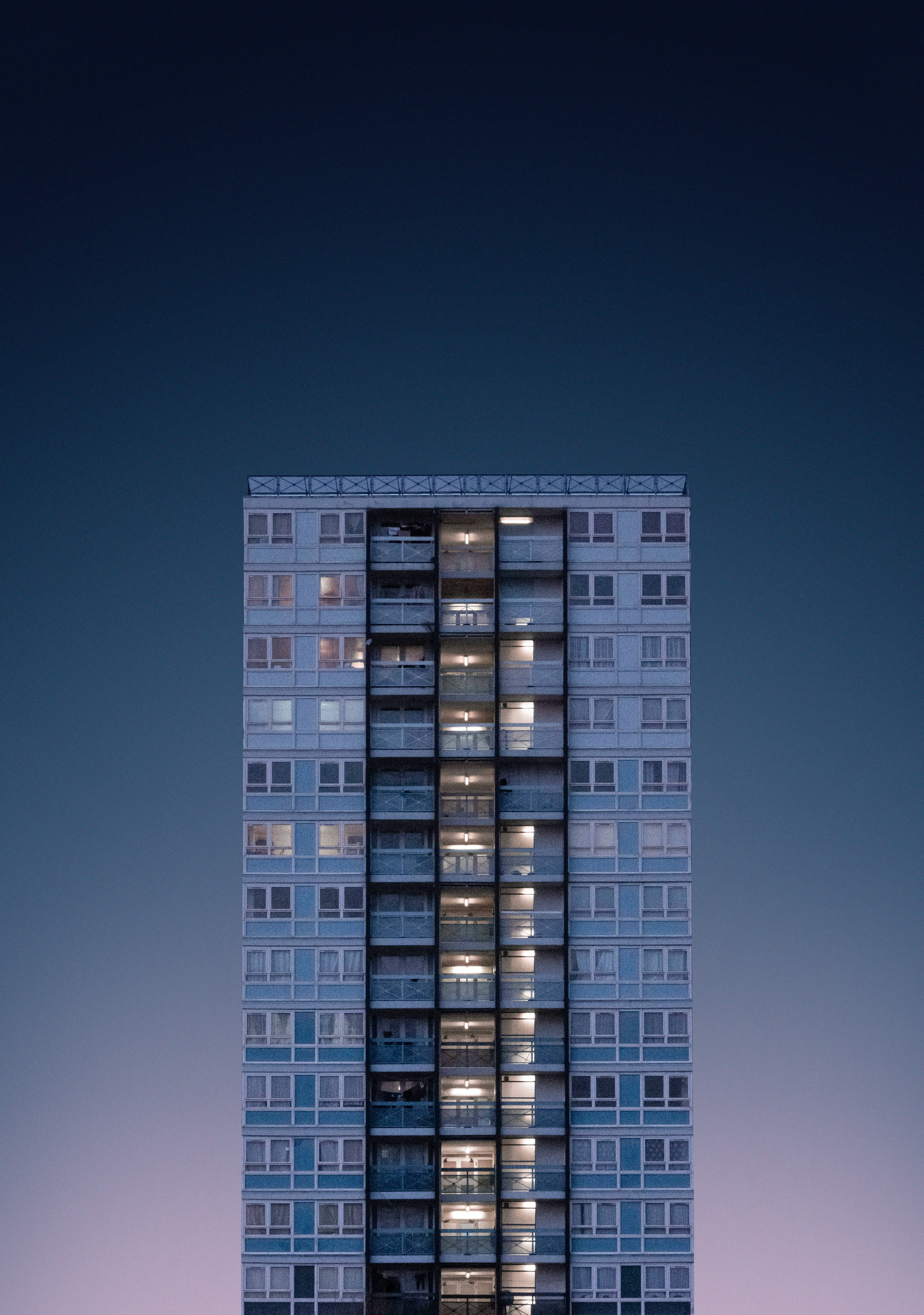 minimal blue 3d building facade, tall apartment building, twilight sky, 5K Phone Wallpaper