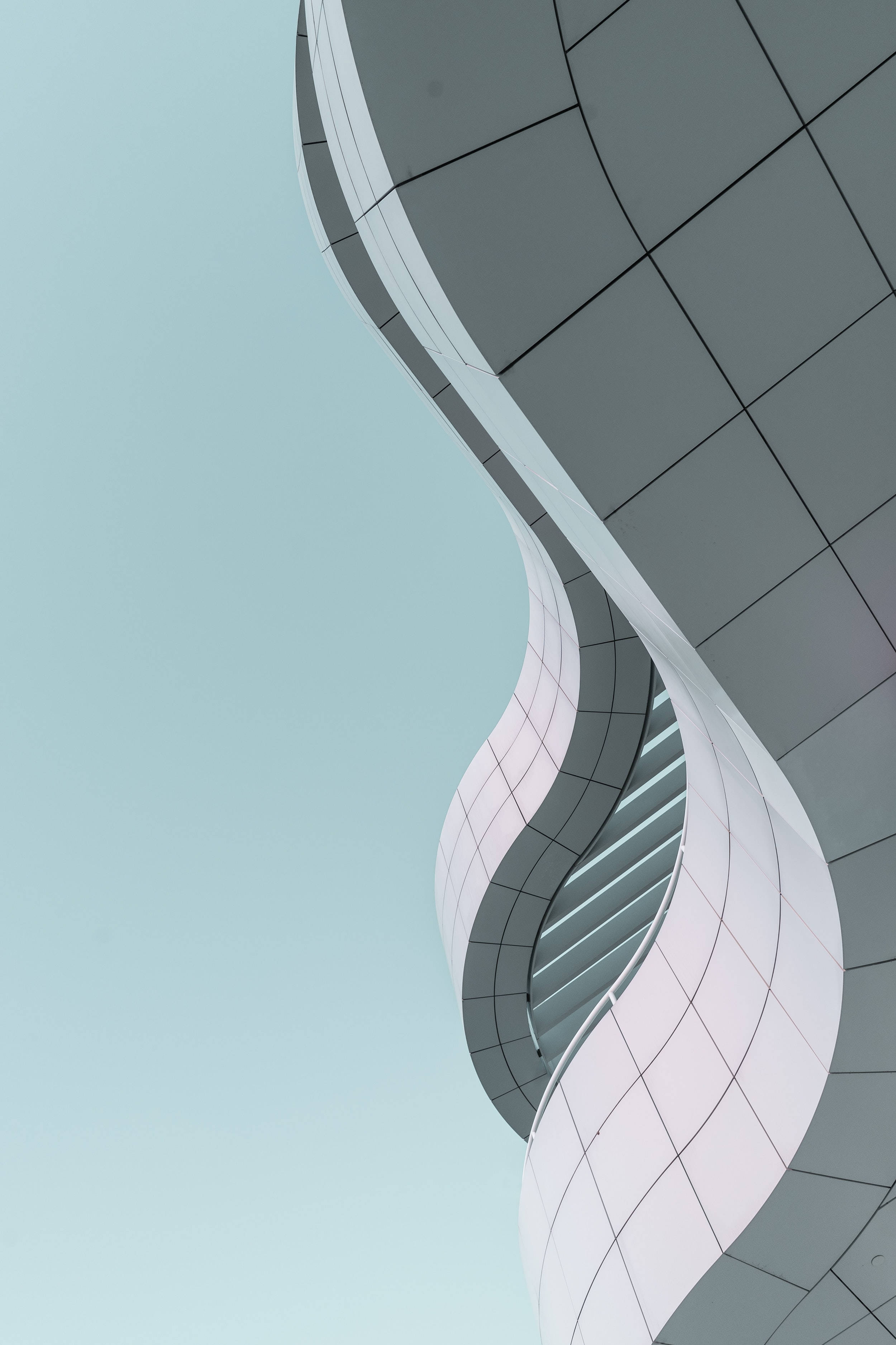 minimal tiled building, bottom view, geometric tile pattern, 2K Phone Wallpaper