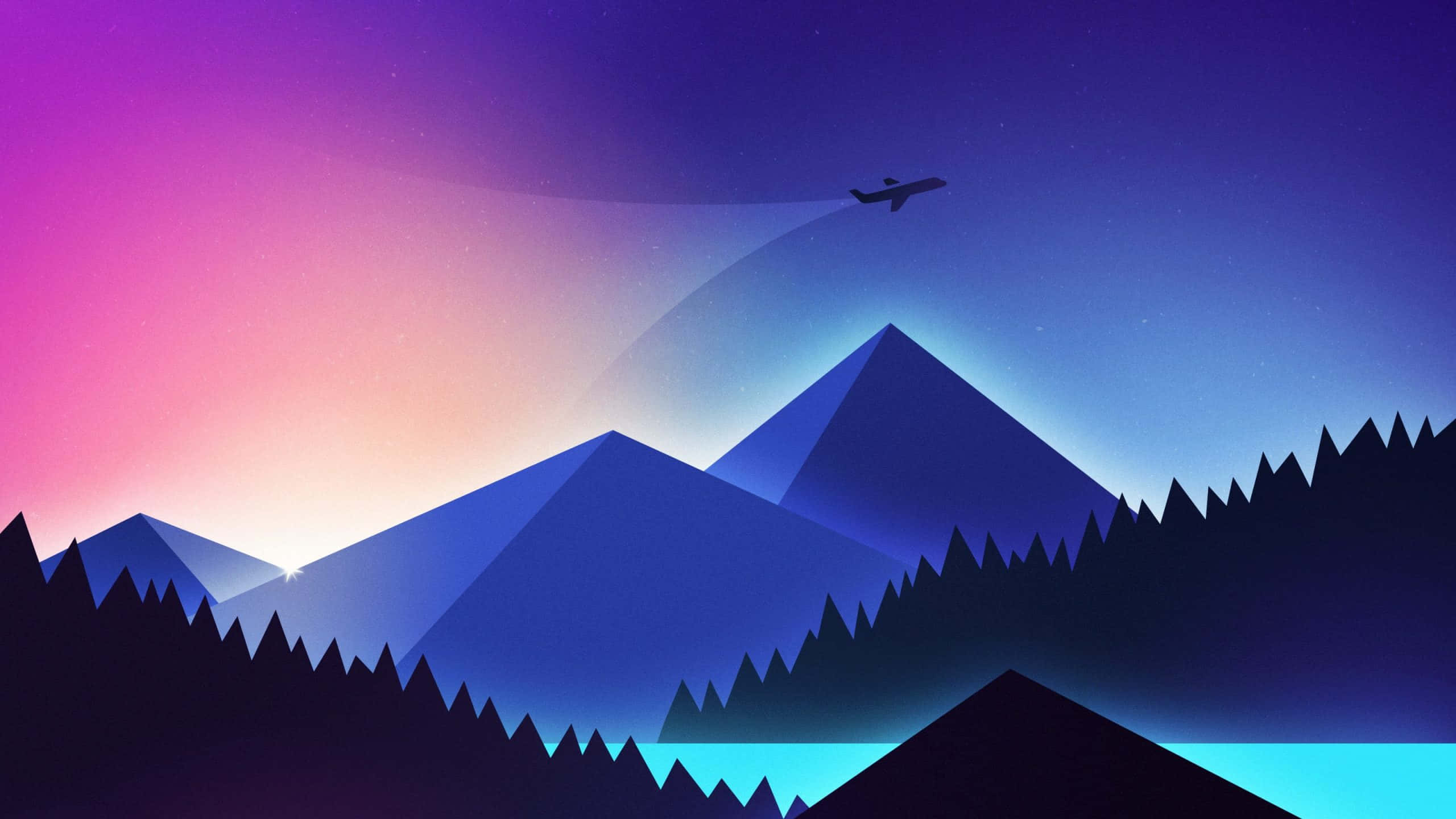 mountain range, vibrant pink and purple twilight sky, lone airplane, 2K Desktop Wallpaper