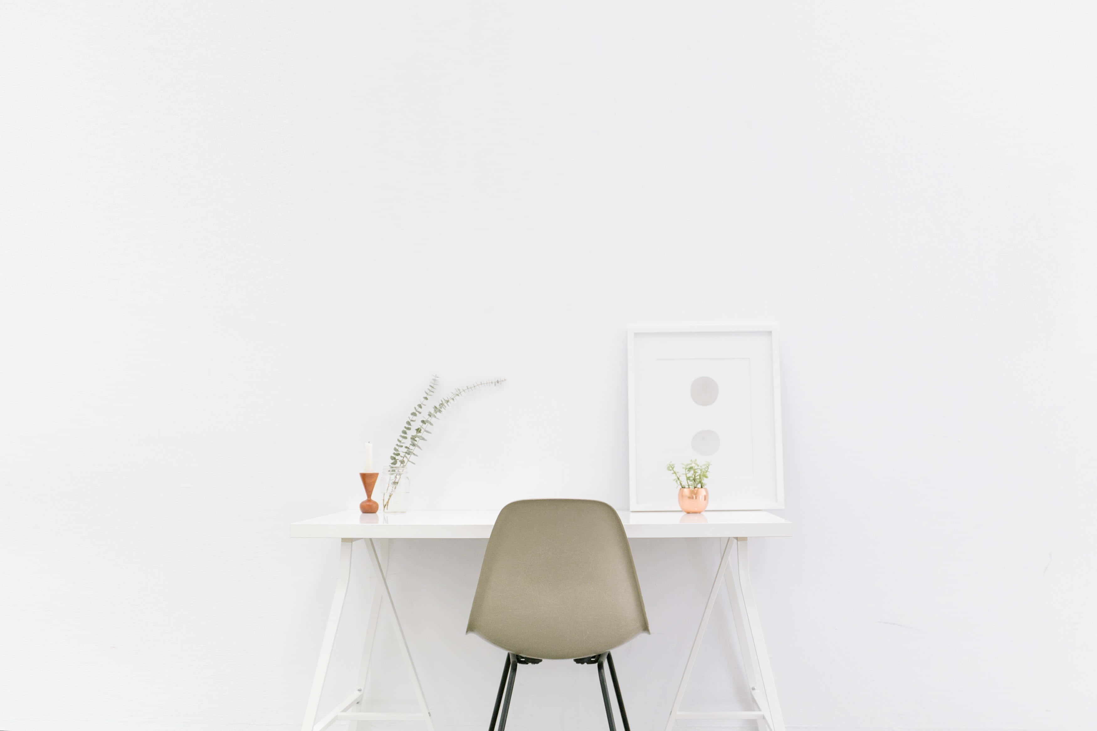 minimalism, white desk, beige chair, 2K Desktop Wallpaper