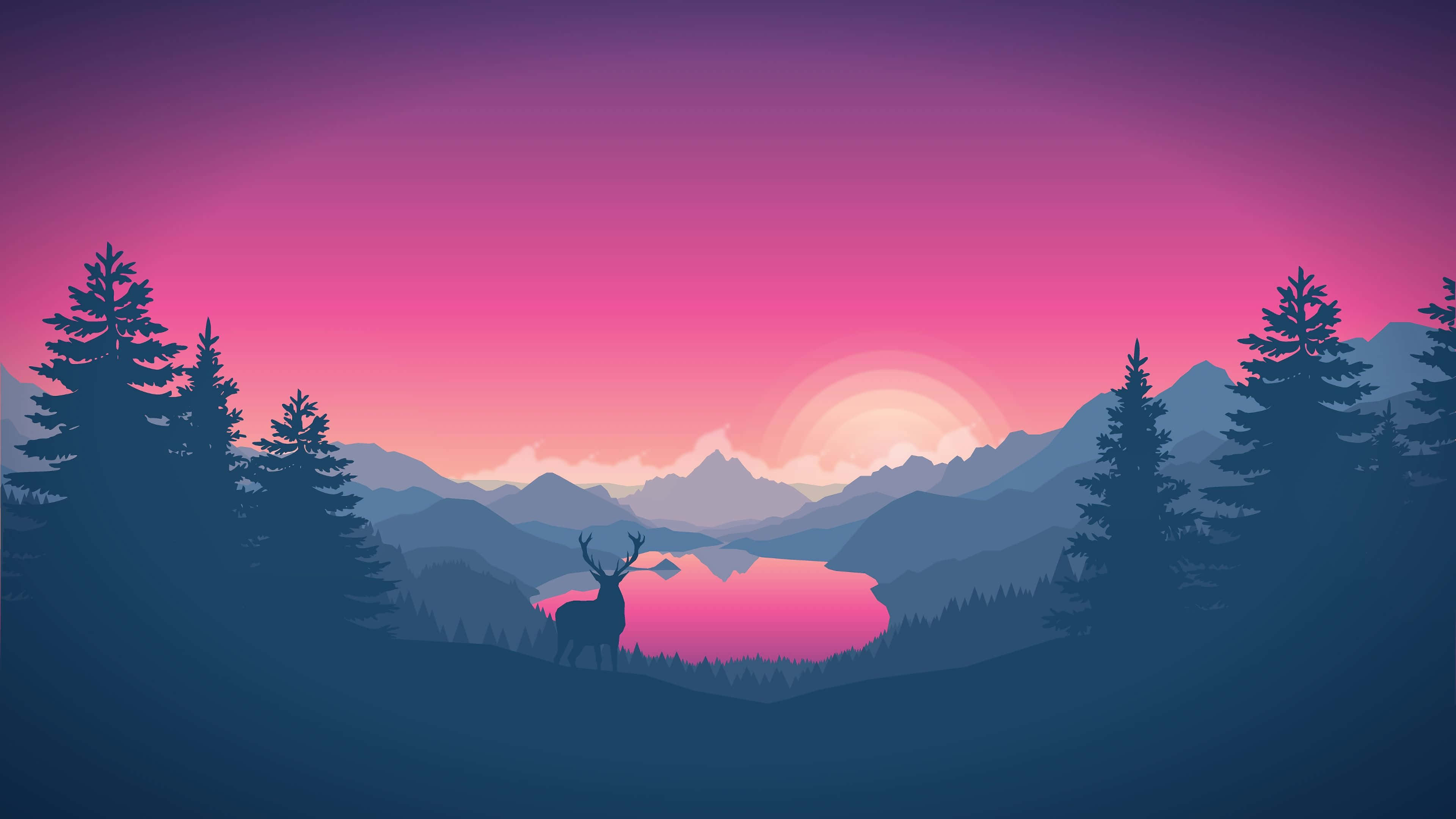 deer, lake, sunset, 4K Desktop Wallpaper