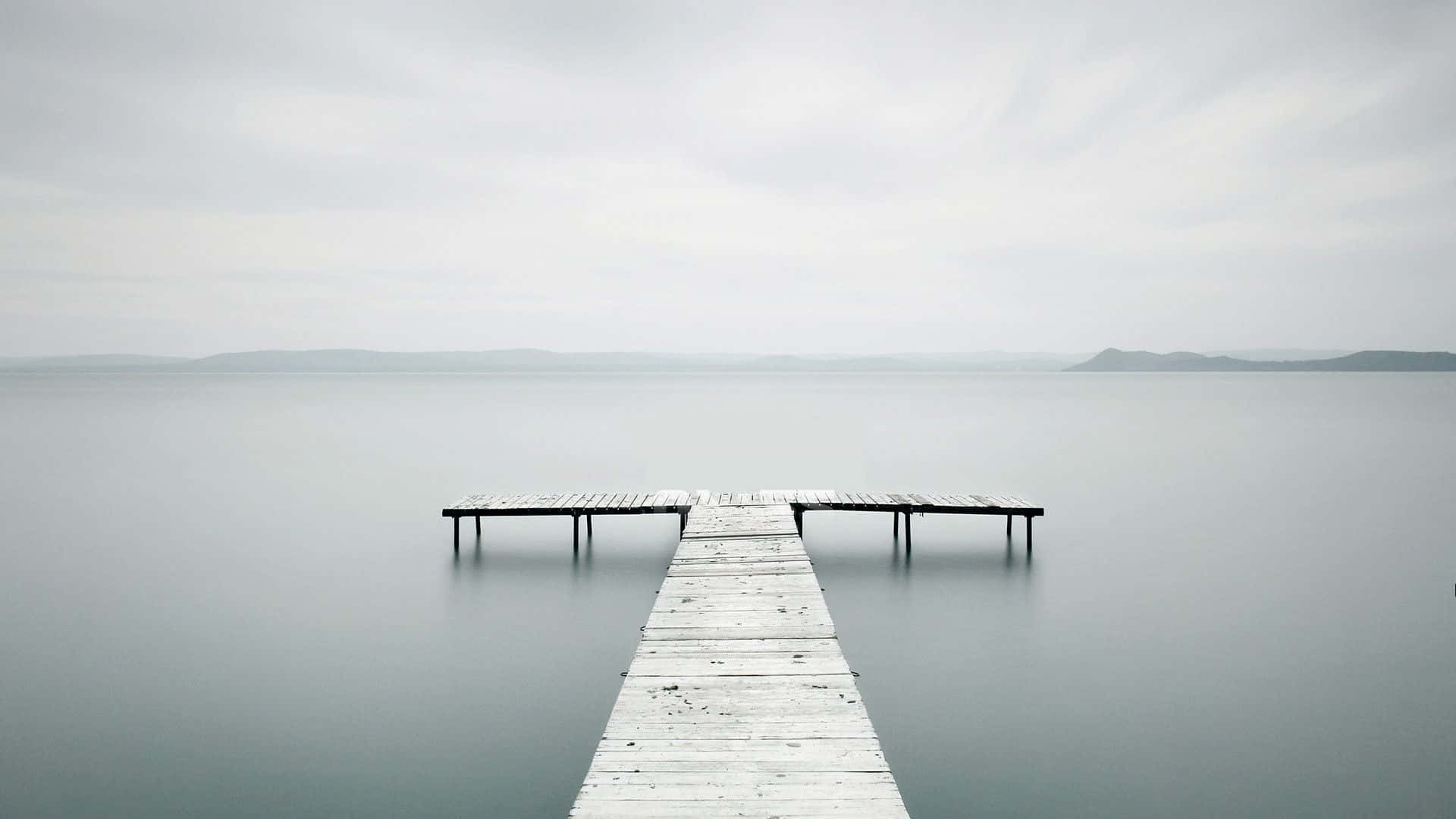 wooden pier, calm gray lake, overcast sky, Full HD Desktop Wallpaper