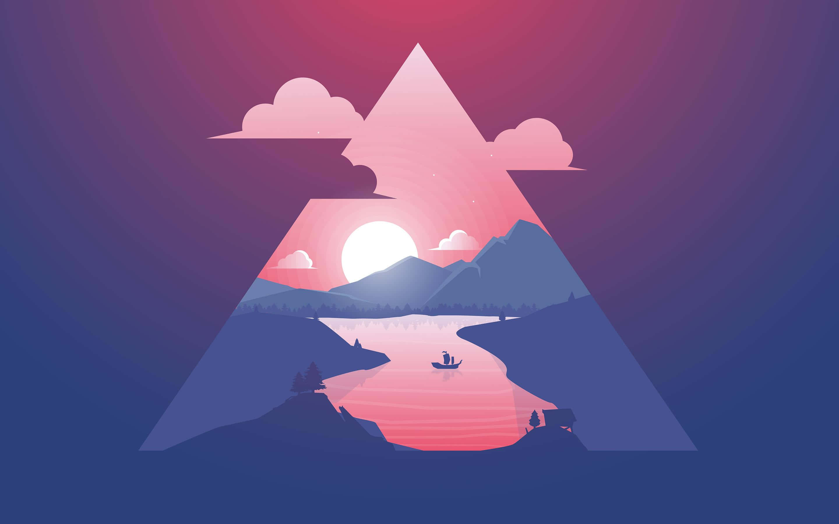 mountain lake scene, glowing pink triangle, sunset, 2K Desktop Wallpaper
