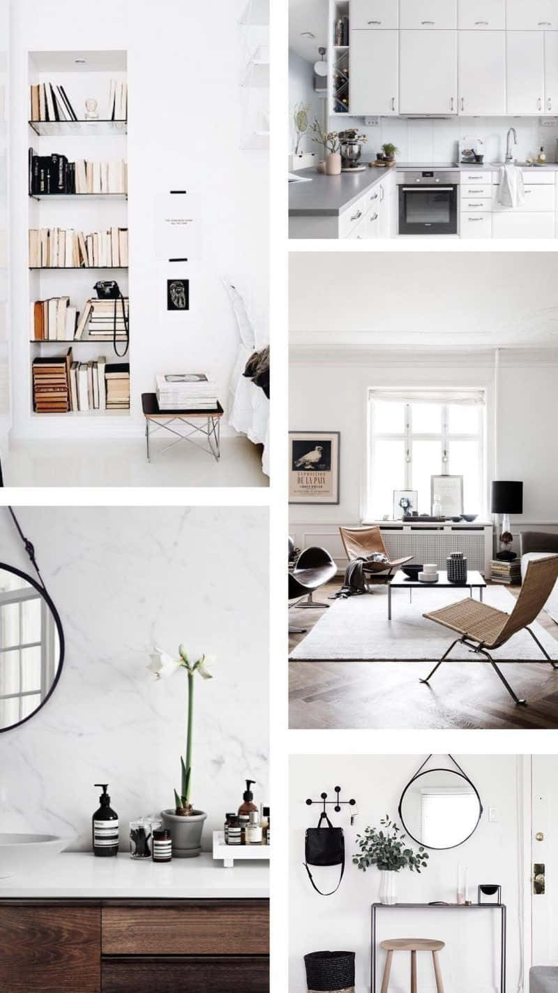 minimalist design, white interior, bookshelves, HD Phone Wallpaper