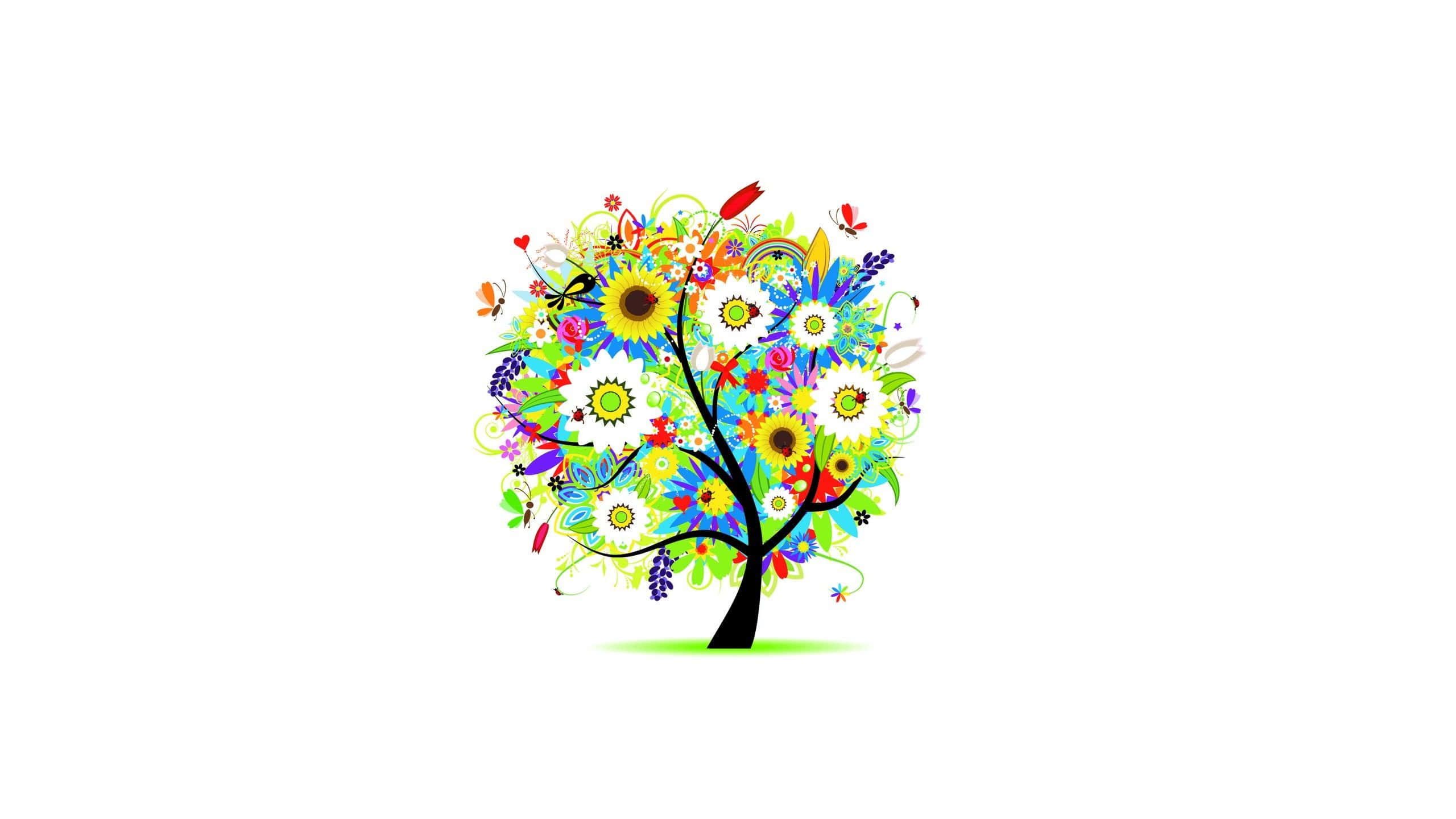 minimalist flower, black trunk, colorful flowers, 2K Desktop Wallpaper