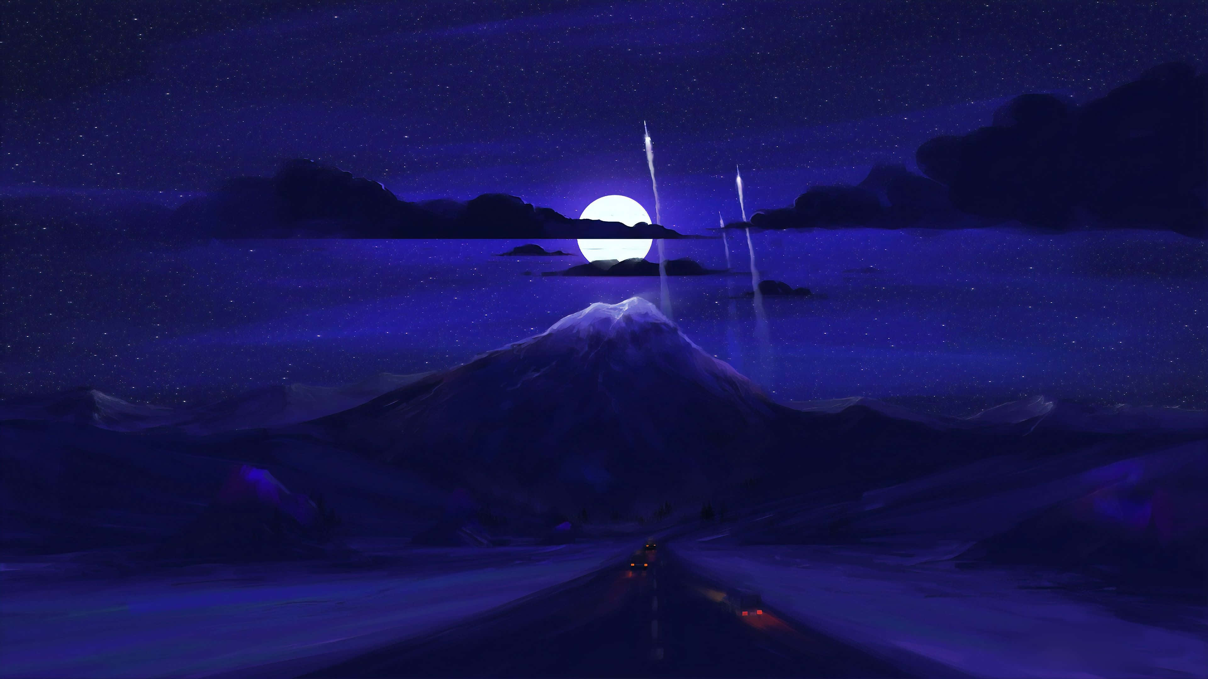 snow-capped mountain, starry night sky, glowing moon, 4K Desktop Wallpaper