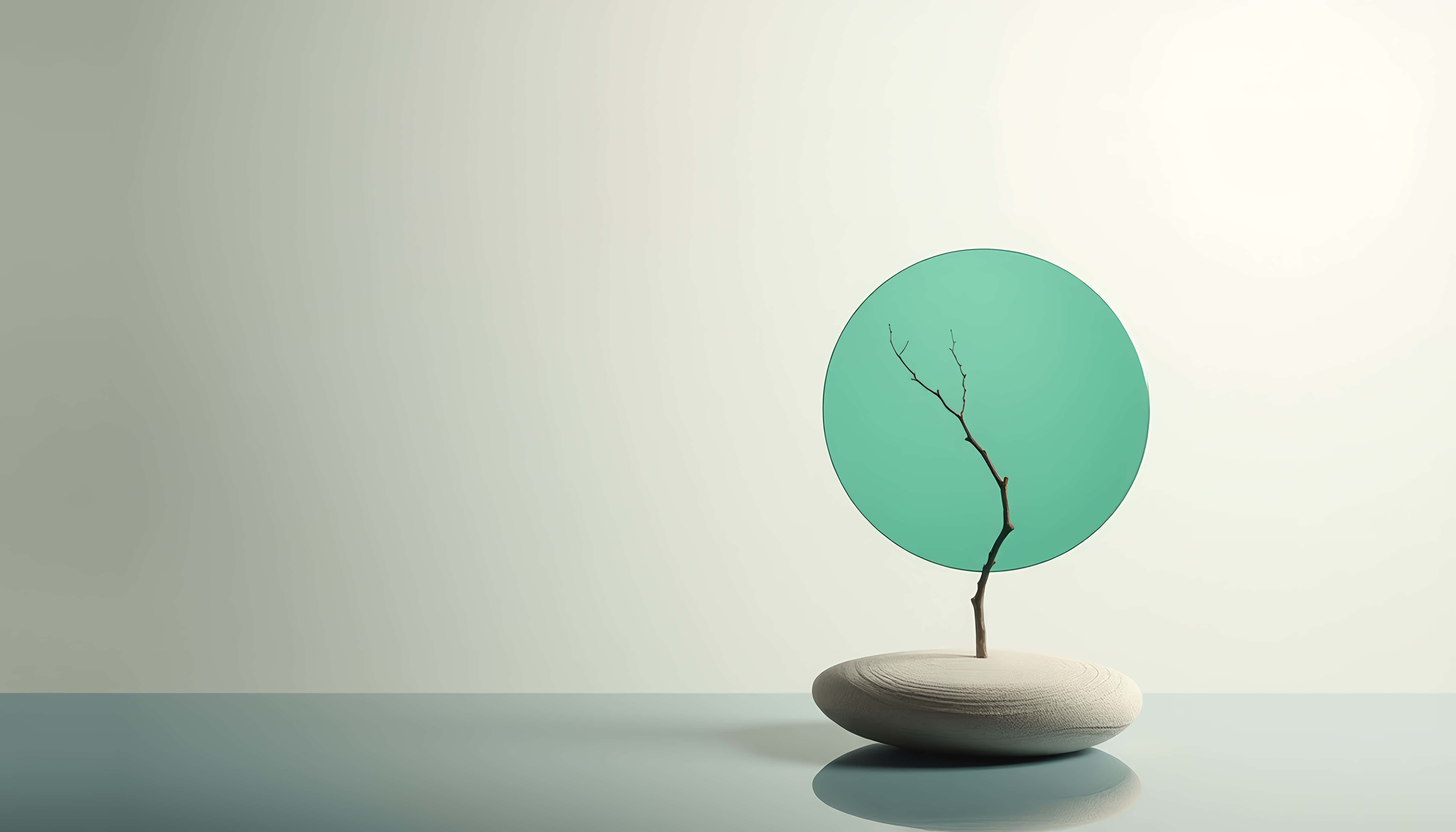 bare tree branch, smooth stone base, soft teal circular backdrop, 5K Desktop Wallpaper