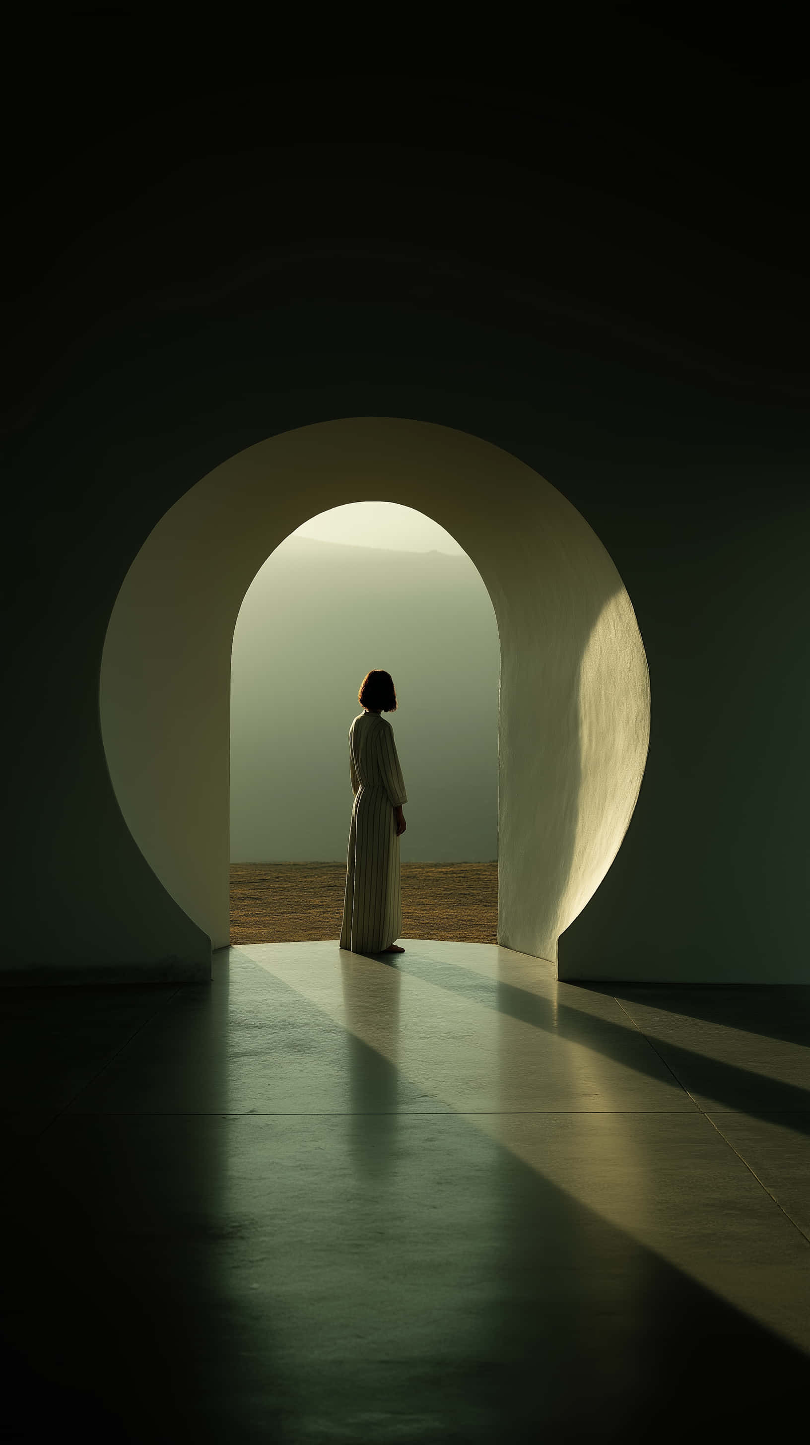 glowing circular archway, misty water, sunset, 2K Phone Wallpaper
