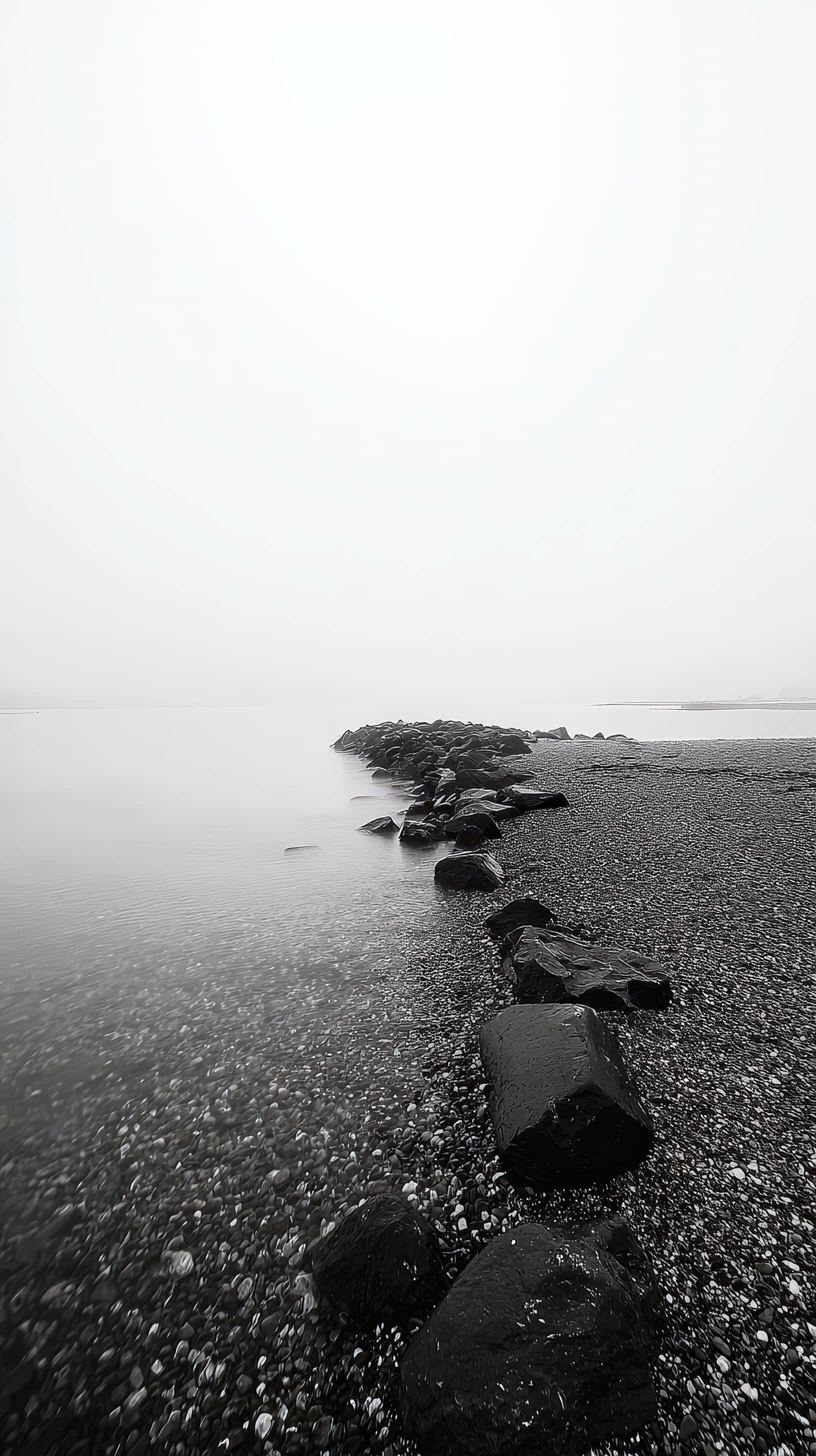 minimalist black and white seascape, rocks fading into mist, monochrome shoreline, 2K Phone Wallpaper