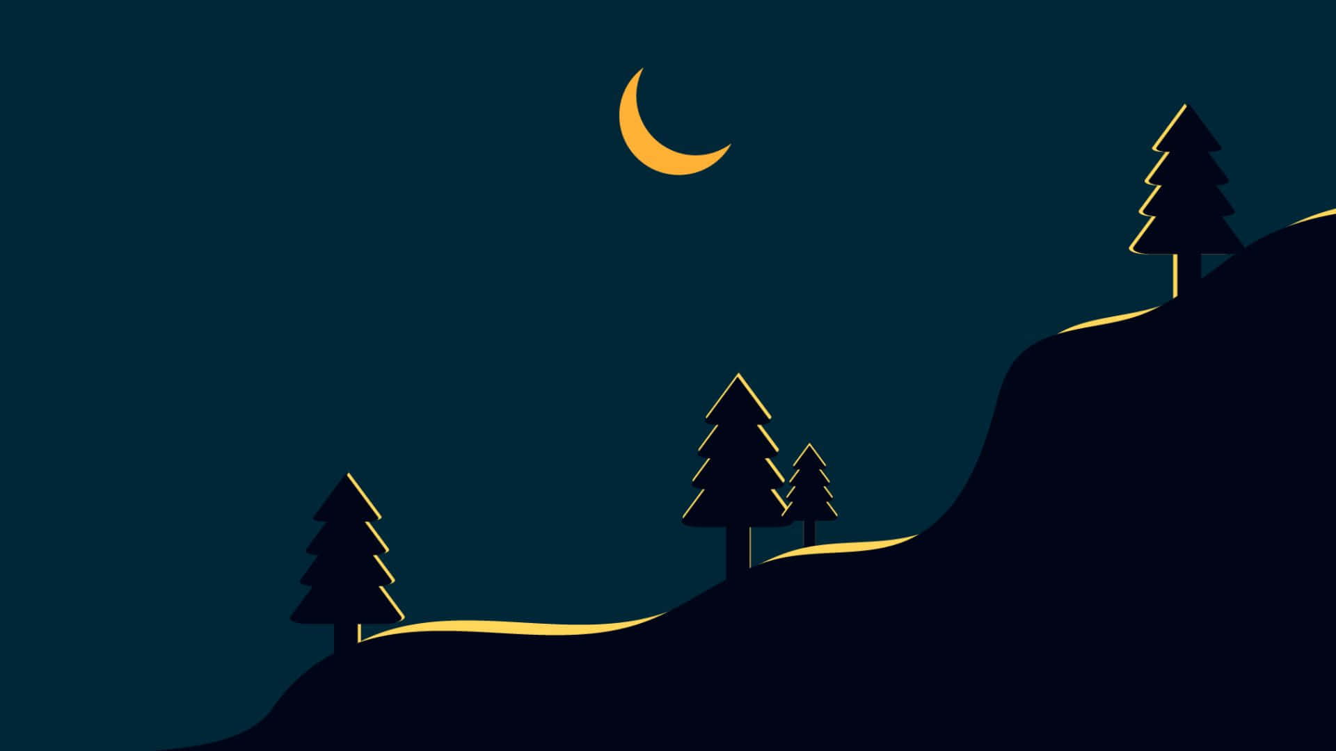 minimalist night scene, silhouetted pine trees, rolling hills, Full HD Desktop Wallpaper