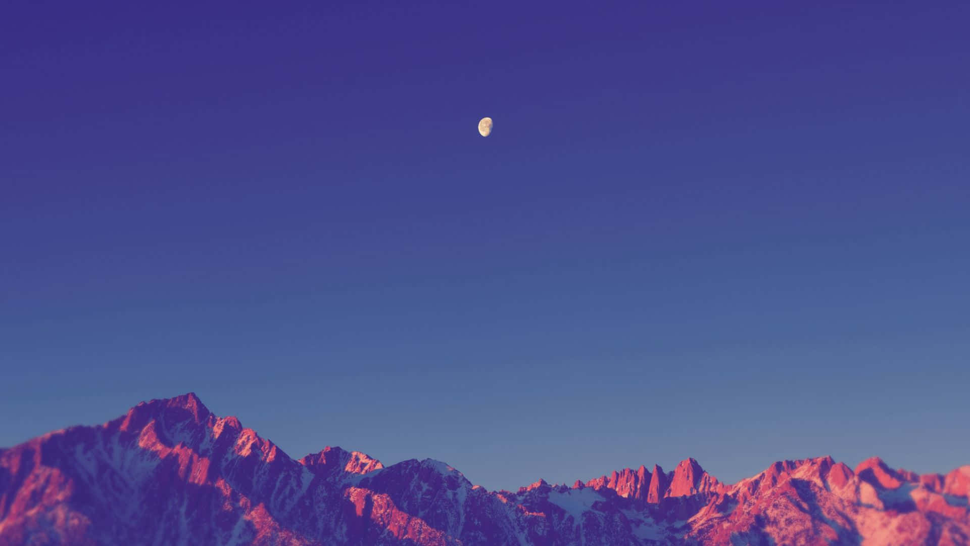 crescent moon, jagged snowcapped mountains, pink and purple twilight hues, Full HD Desktop Wallpaper