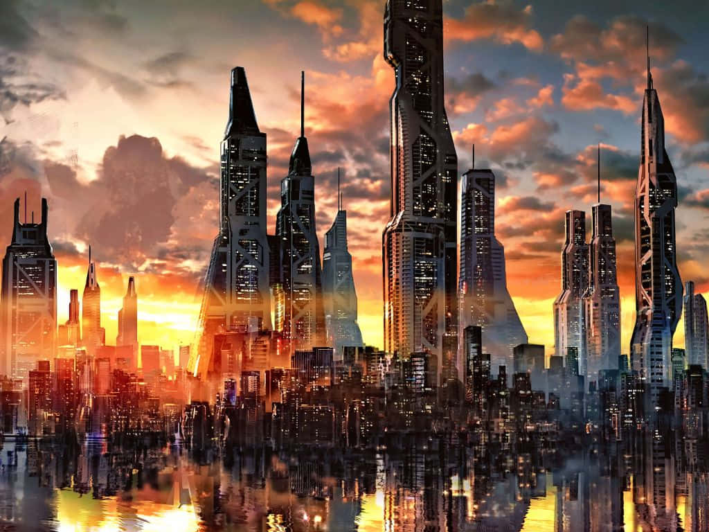 futuristic city skyline, sunset, towering skyscrapers, SD Desktop Wallpaper