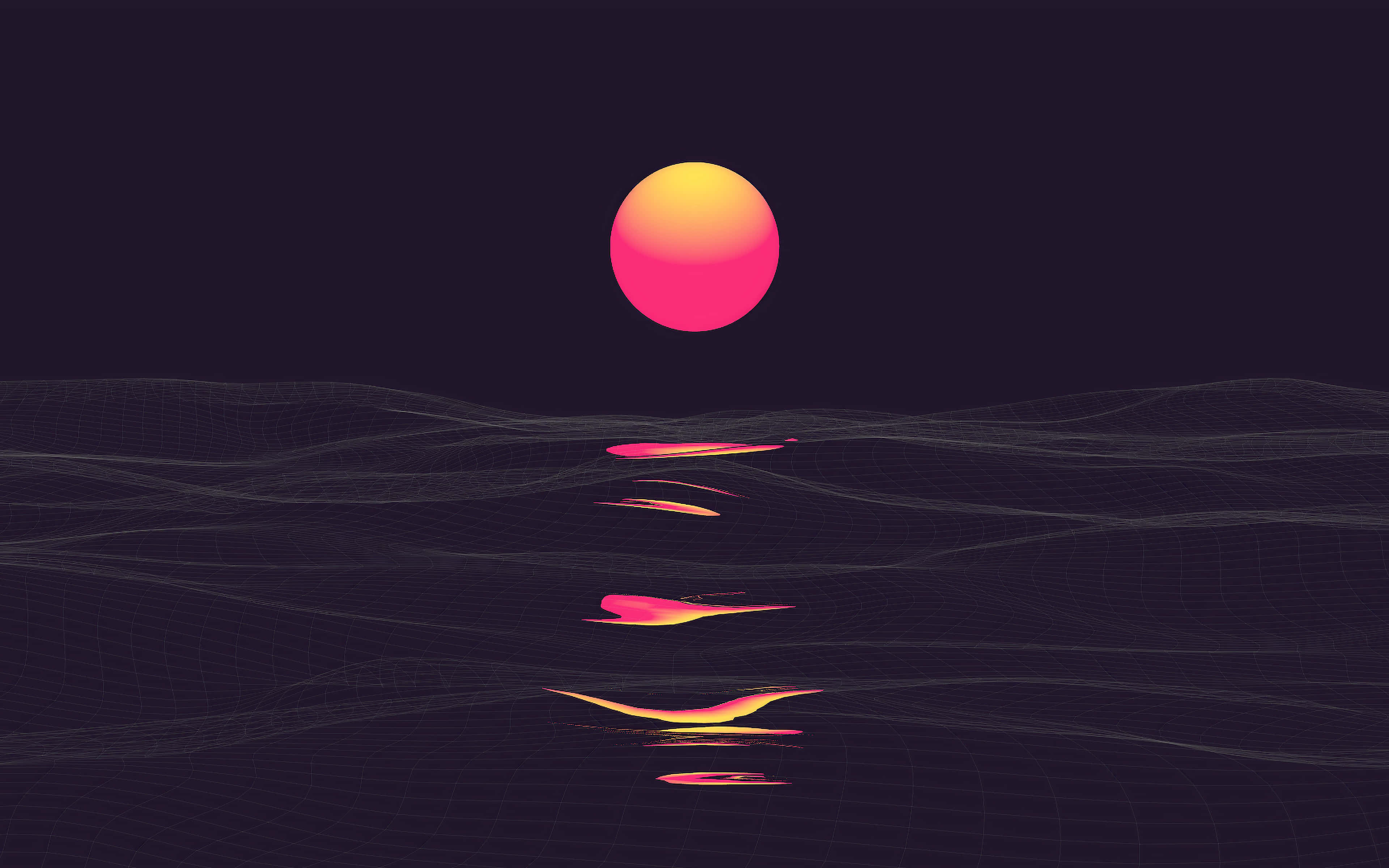 Moonlight Reflection, glowing pink and orange sun, dark grid landscape, 4K Desktop Wallpaper