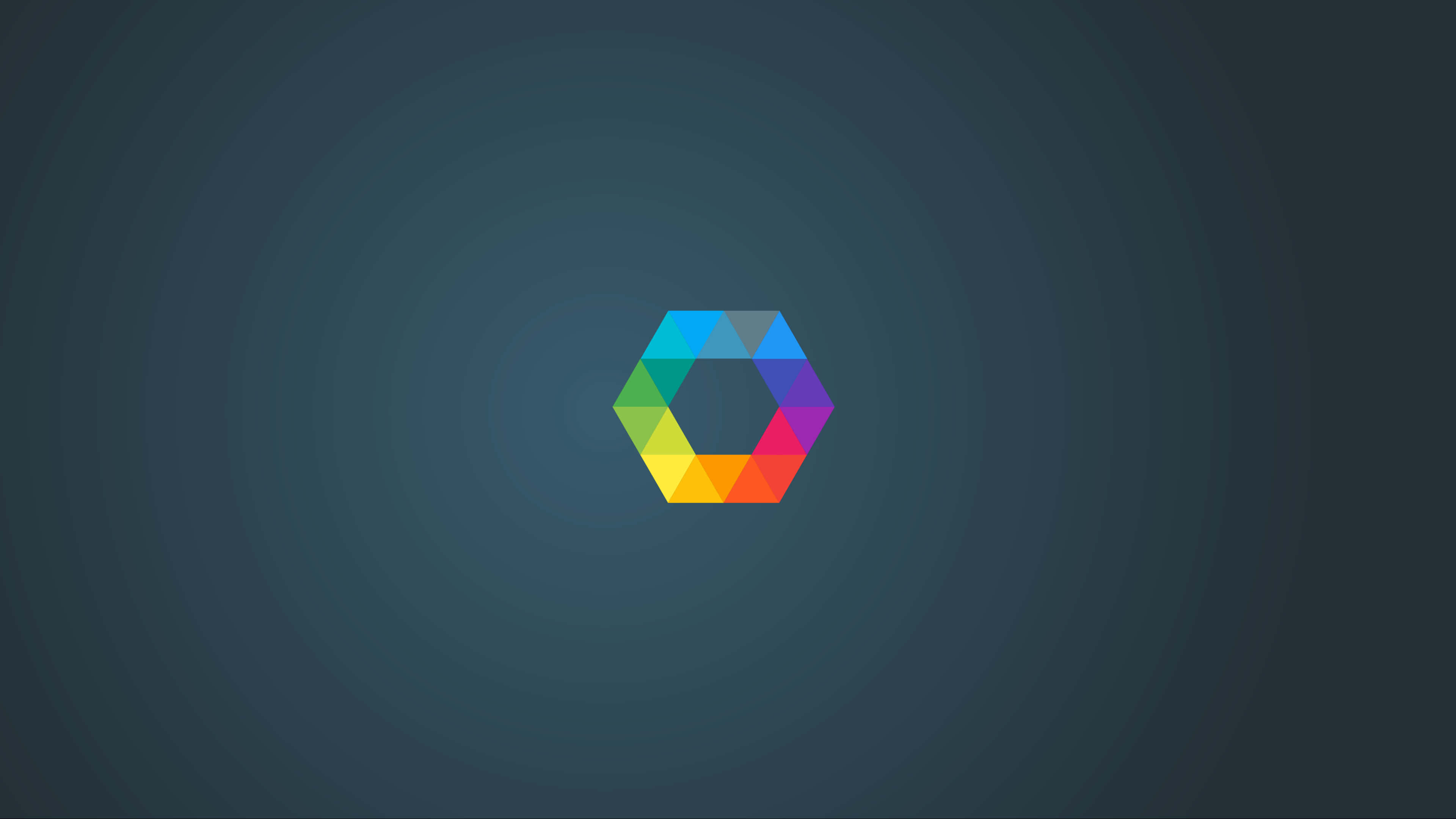 hexagon, rainbow-colored triangles, dark teal gradient background, 4K Desktop Wallpaper