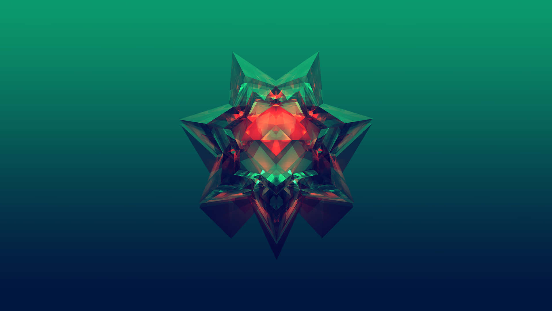 glowing red geometric star, sharp facets, gradient teal to dark blue background, Full HD Desktop Wallpaper