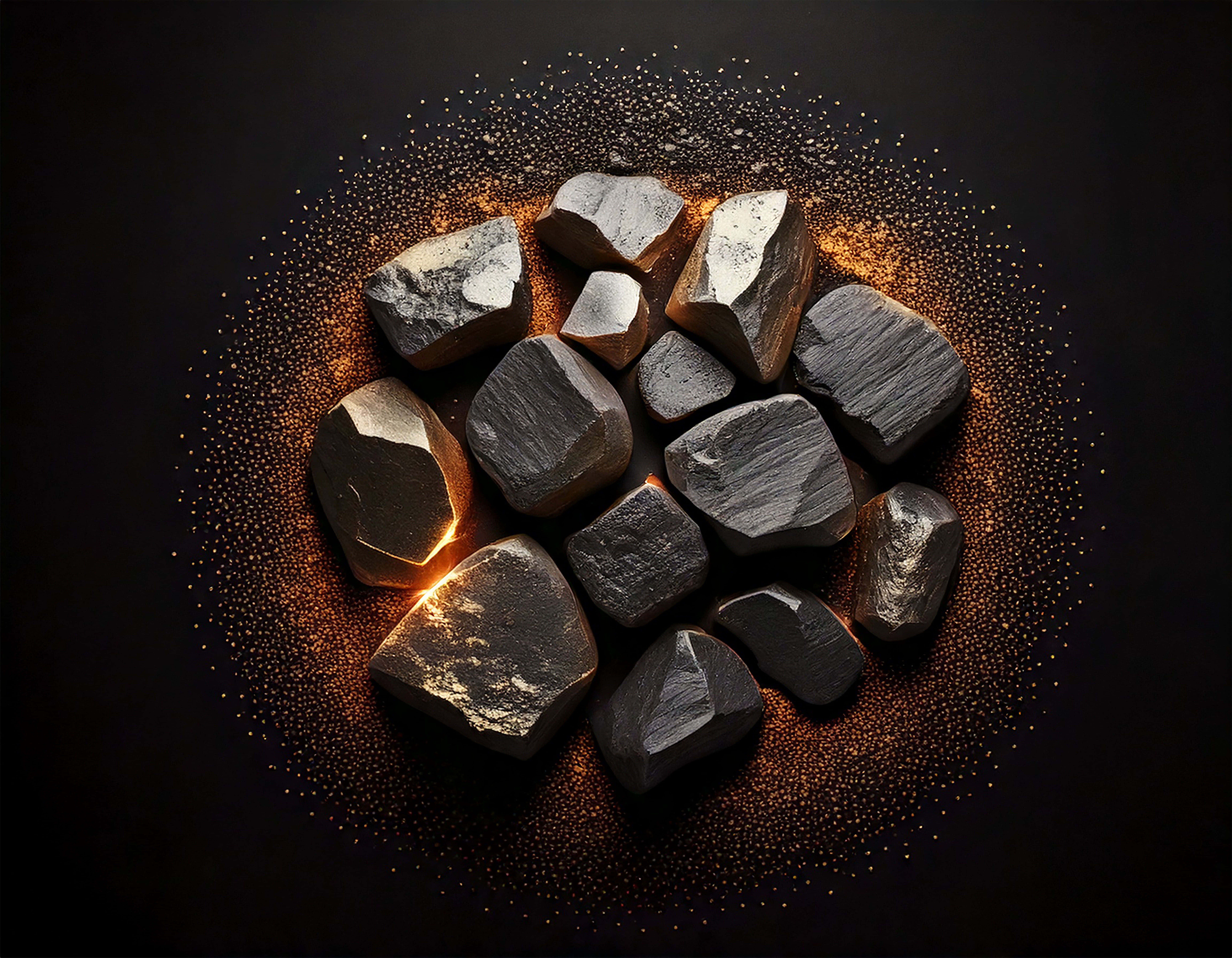 coal pieces, rough black stones, warm golden light, 8K Desktop Wallpaper