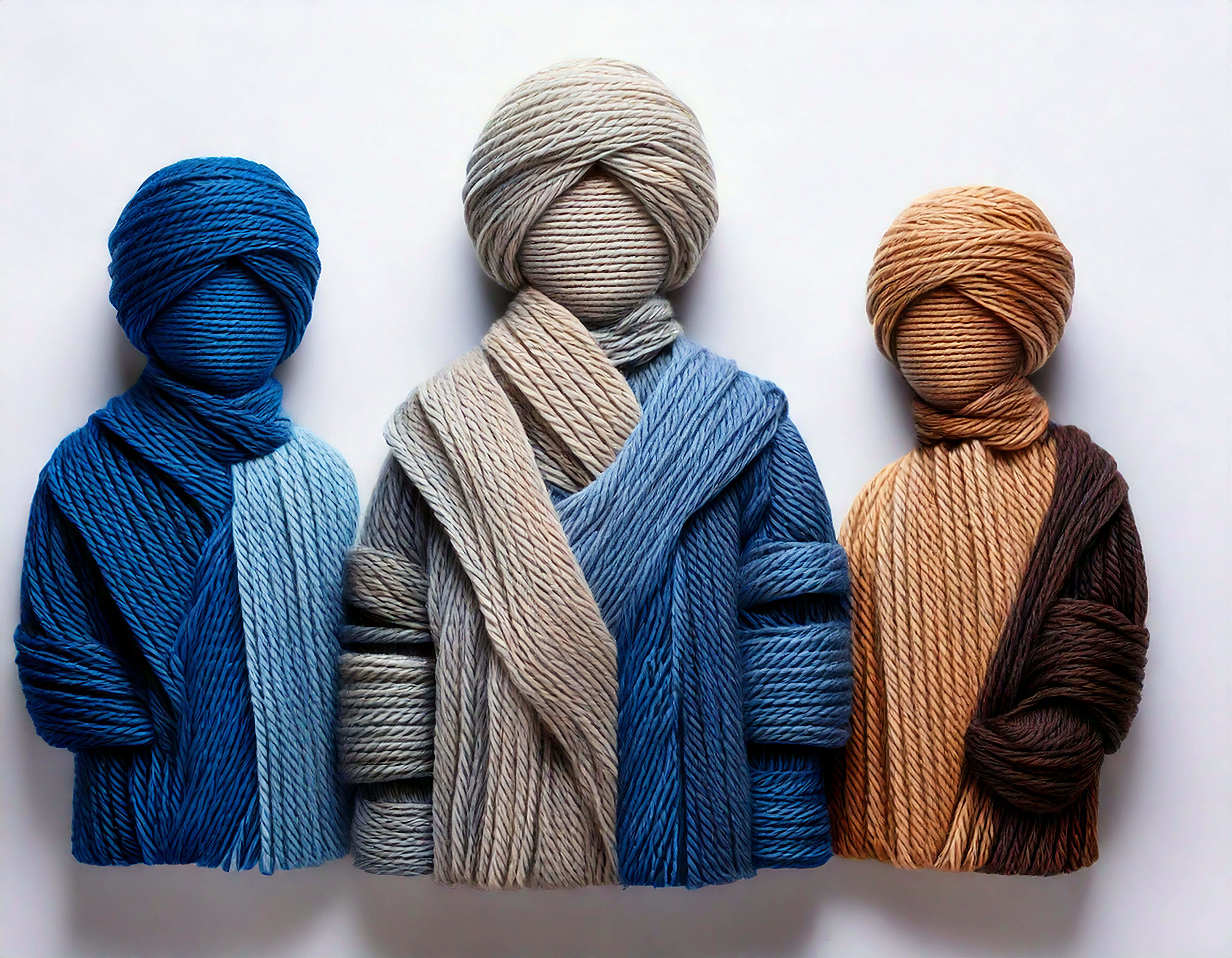abstract human figures, yarn, blue beige, 8K Desktop Wallpaper