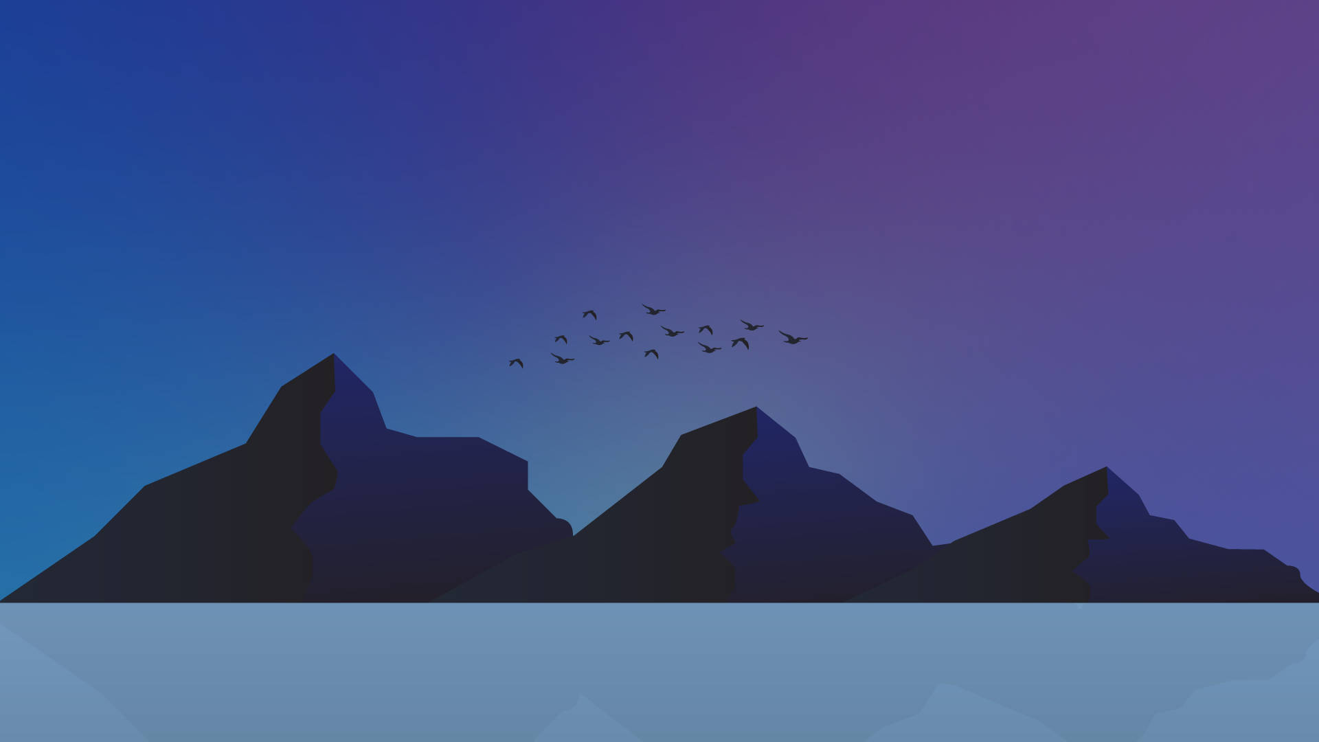 V formation of birds, silhouetted mountain peaks, calm waters, Full HD Desktop Wallpaper