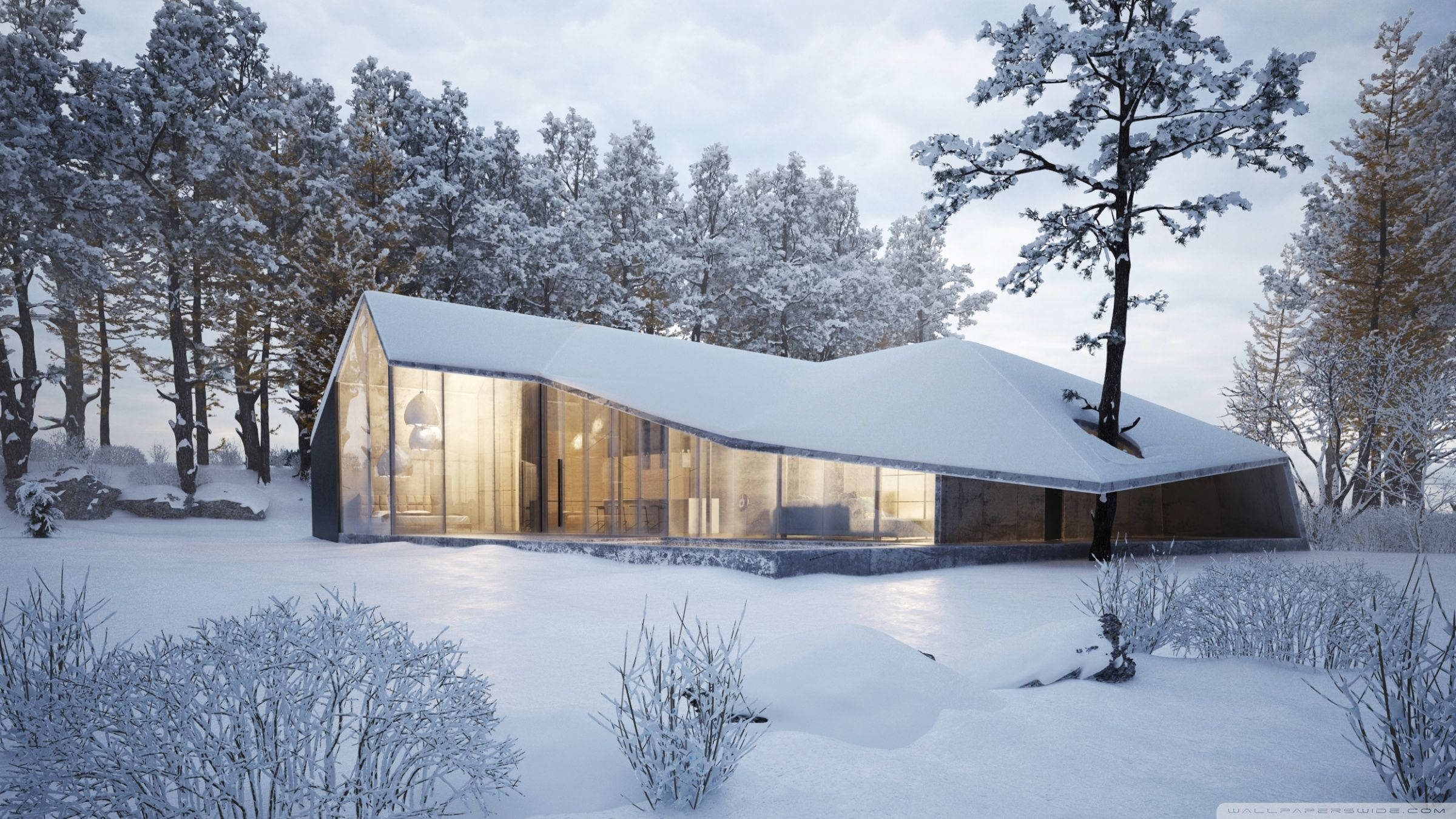 modern glass house, snow-covered roof, snowy forest, Full HD Desktop Wallpaper