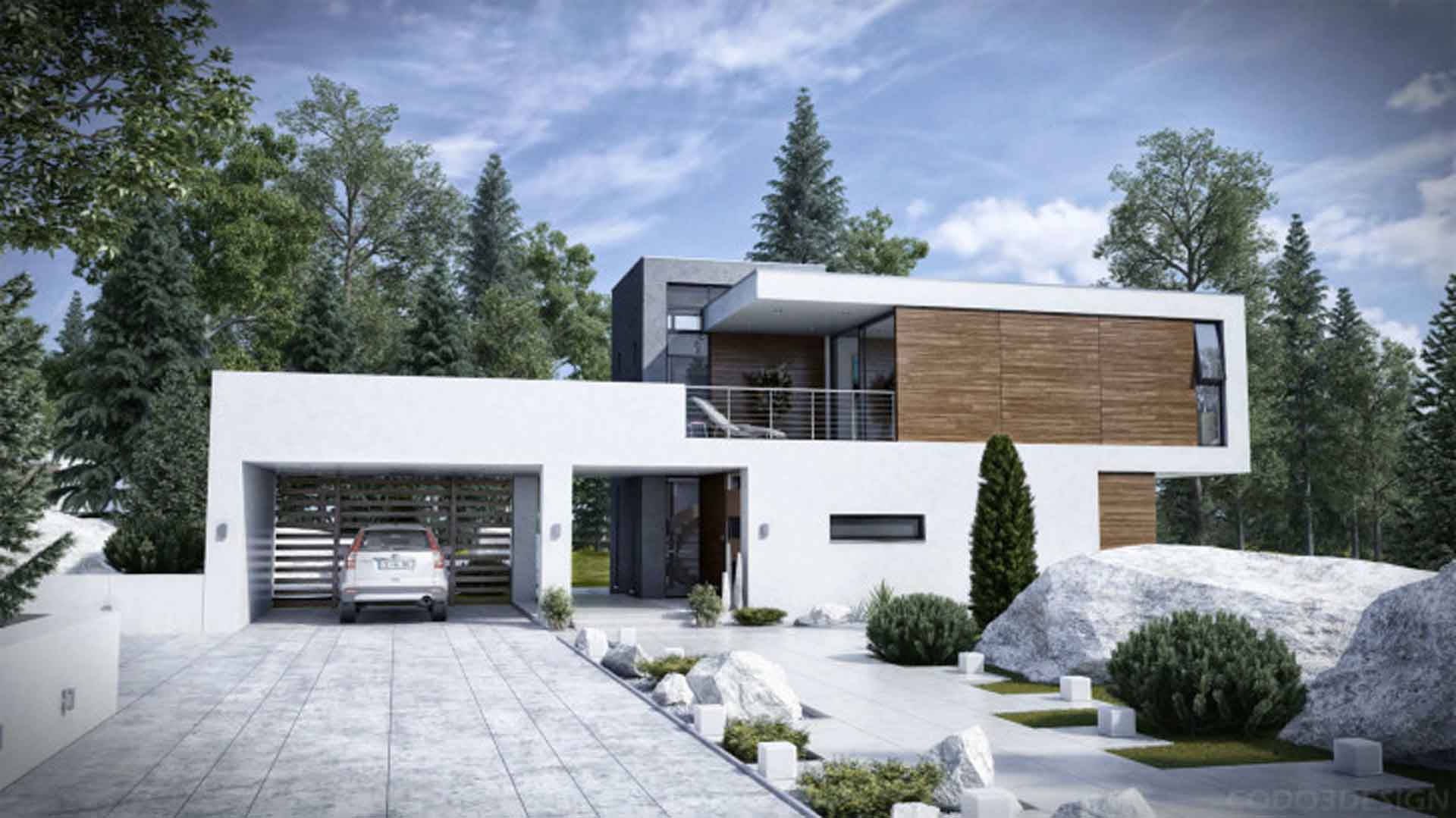 Modern white house, wooden accents, glass windows, Full HD Desktop Wallpaper