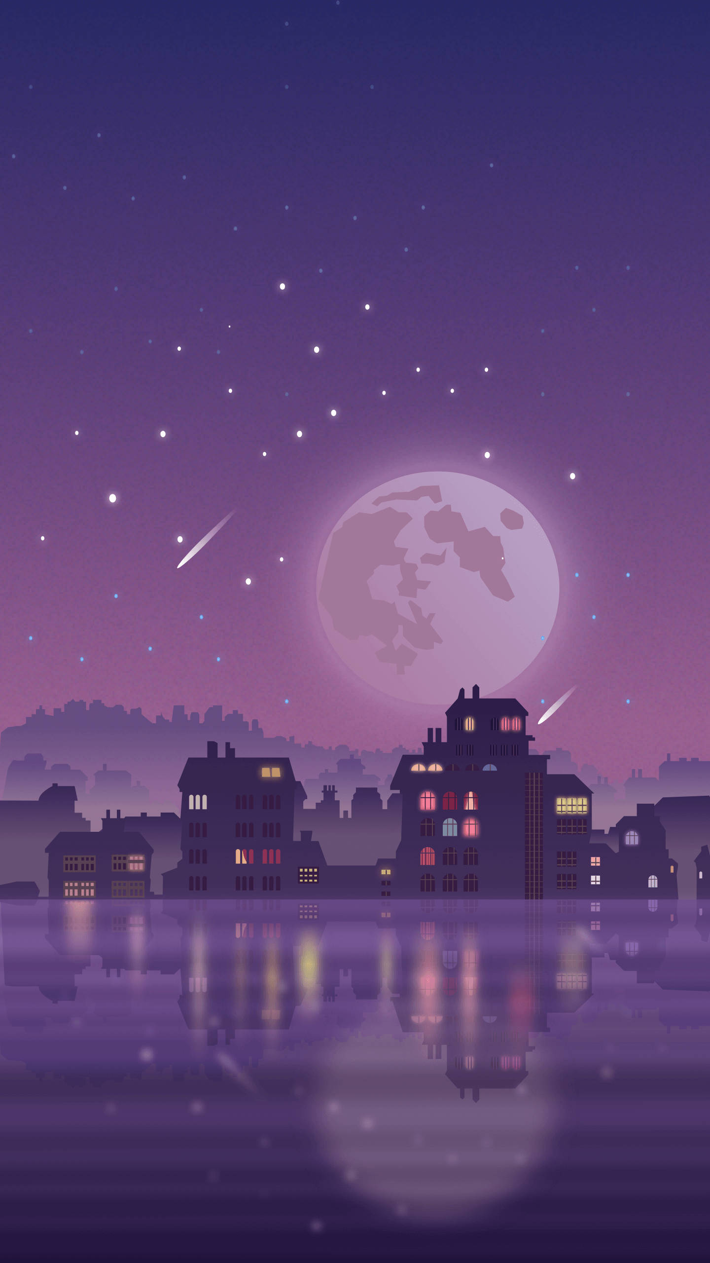 Urban Night Scenery, purple night cityscape, glowing windows, 2K Phone Wallpaper