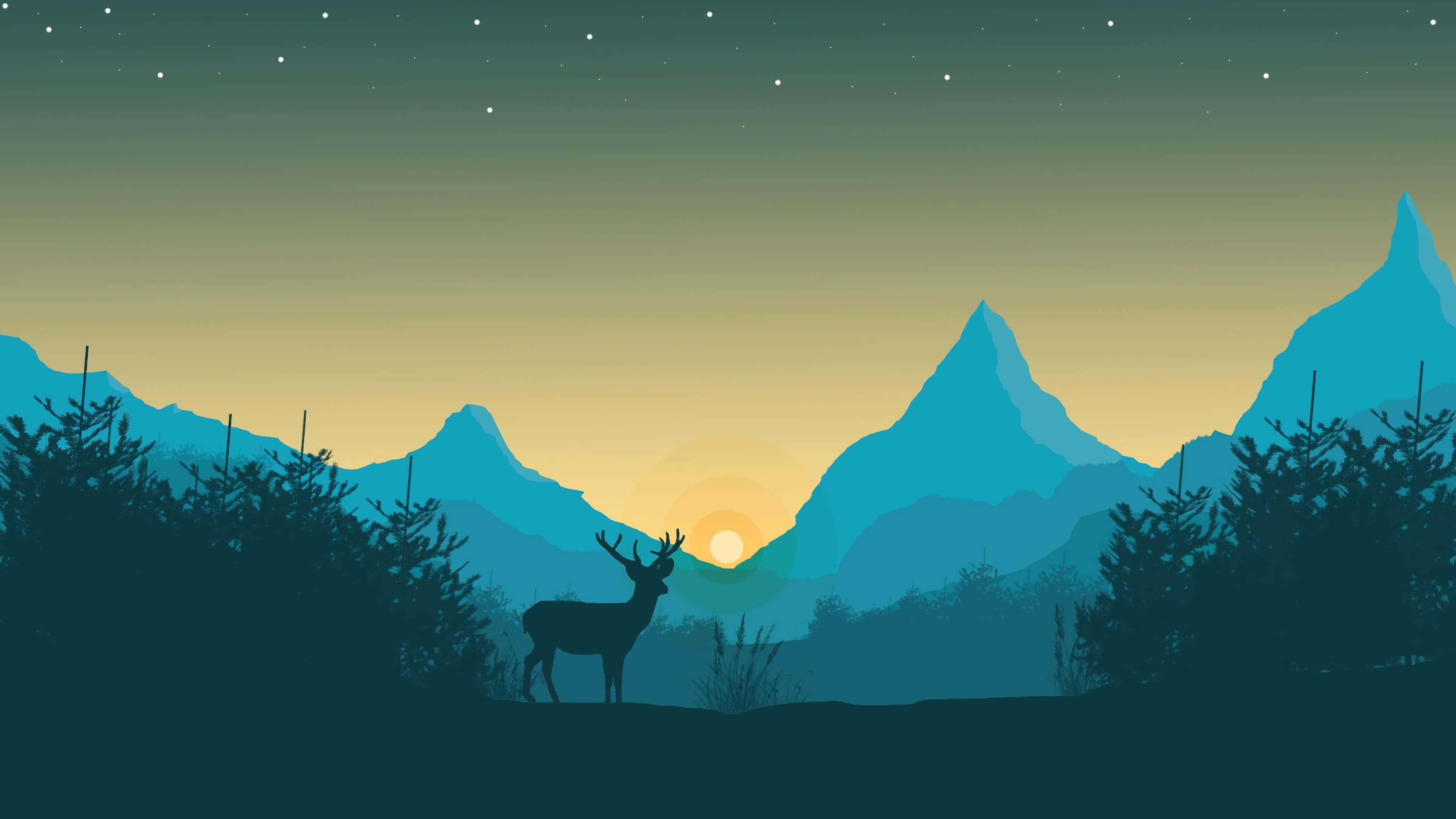 deer silhouette, mountain range, sunset, 4K Desktop Wallpaper