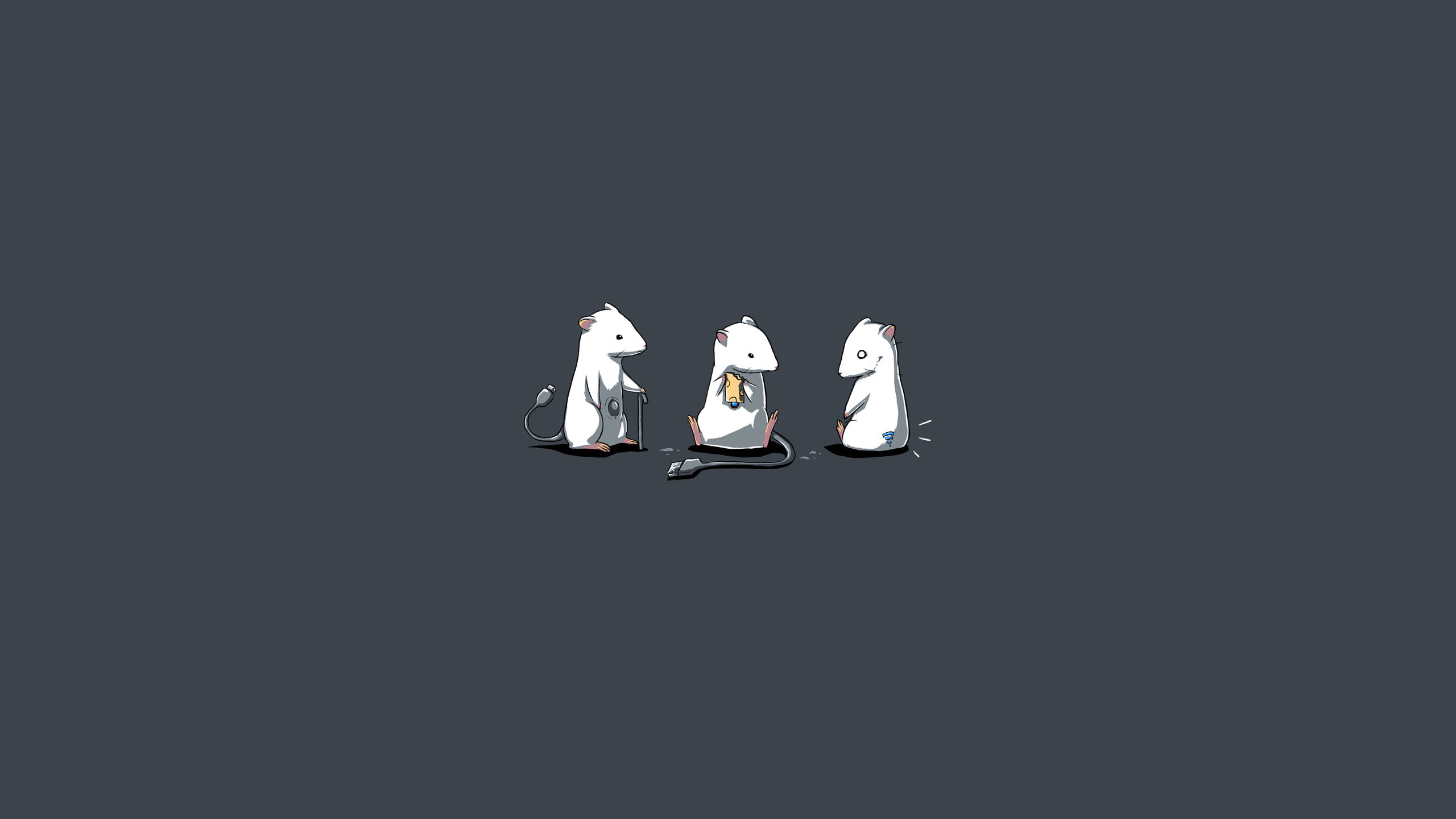 minimalist white cartoon mice, cheese wedge, dark gray background, 2K Desktop Wallpaper