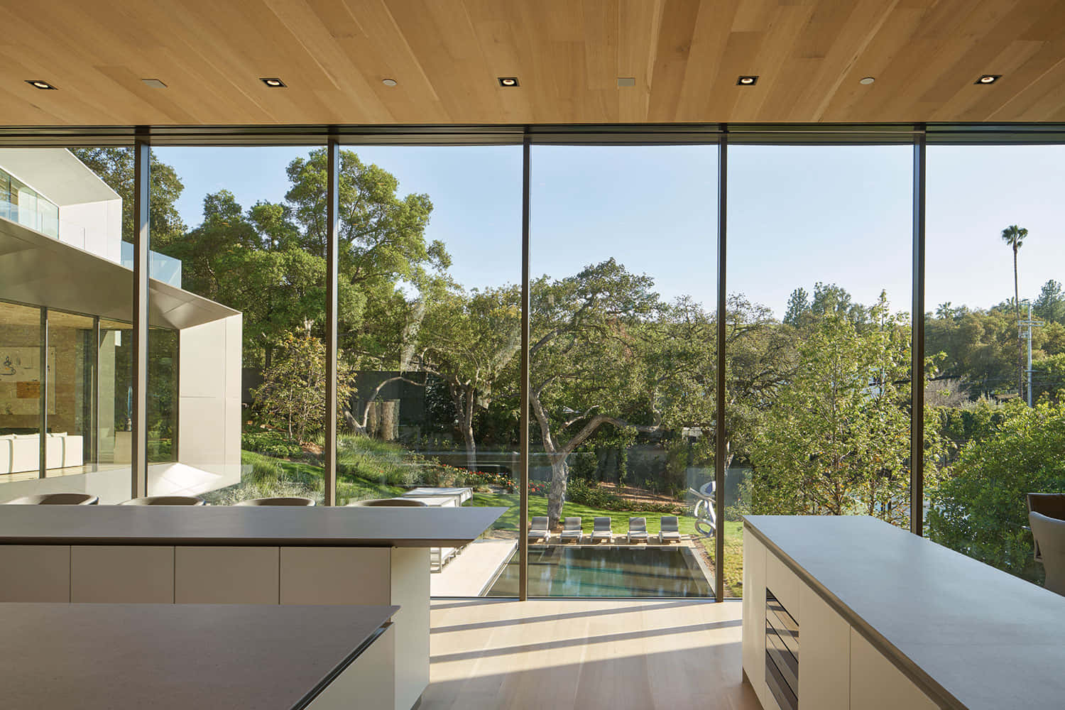 minimalist architecture, glass-walled interior, sunlit pool, HD Desktop Wallpaper