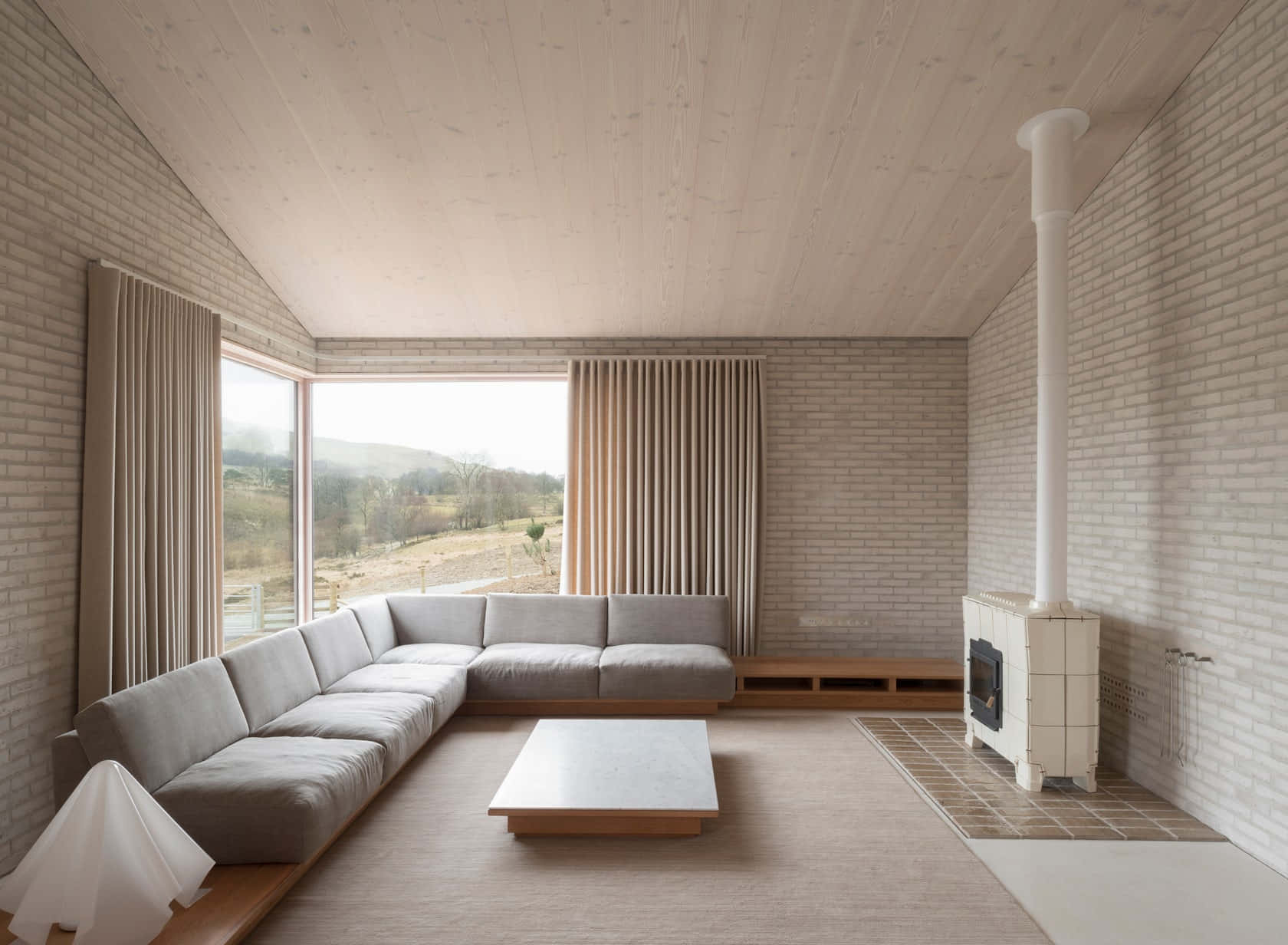 minimalist architecture, white brick walls, wooden ceiling, HD Desktop Wallpaper