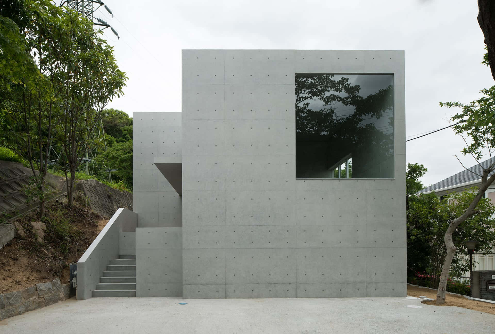 minimalist architecture, modern concrete building, large glass window, Full HD Desktop Wallpaper