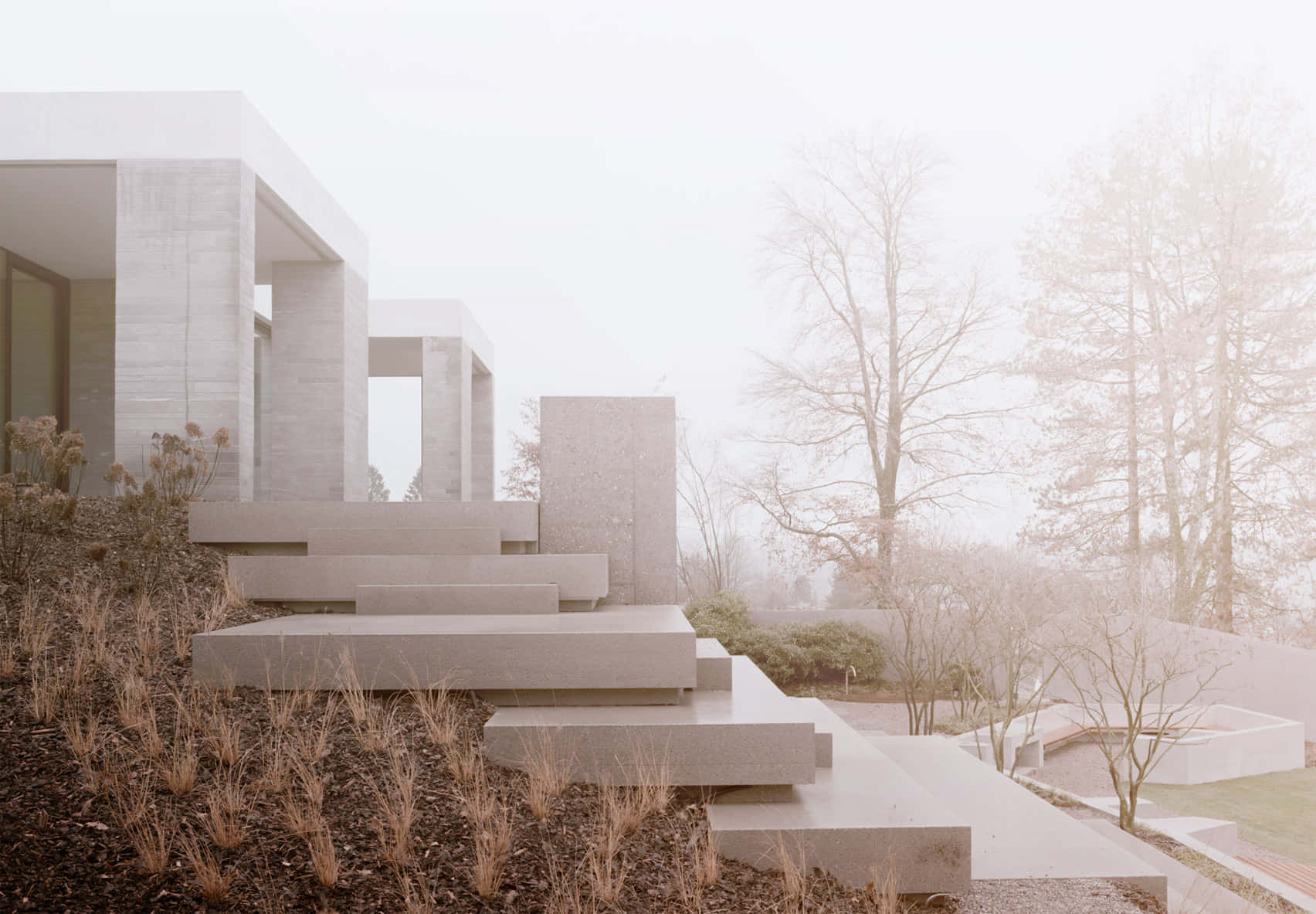 minimalist architecture, concrete modern house, tiered steps, HD Desktop Wallpaper
